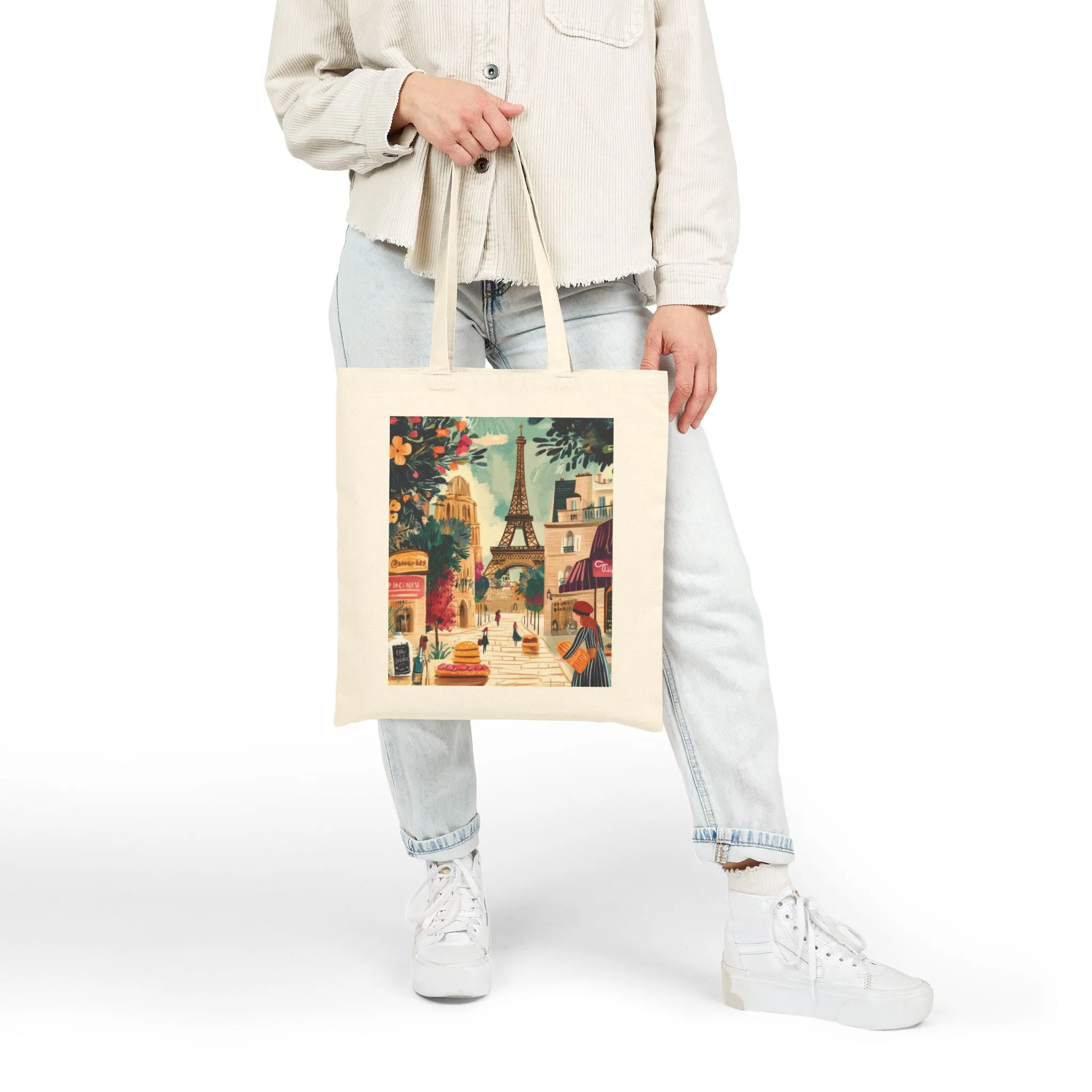 Parisian Scene Cotton Canvas Tote Bag, Eco-Friendly Shopping Tote, Travel Bag, Gift for Her, Fashionable Carryall - Image 3