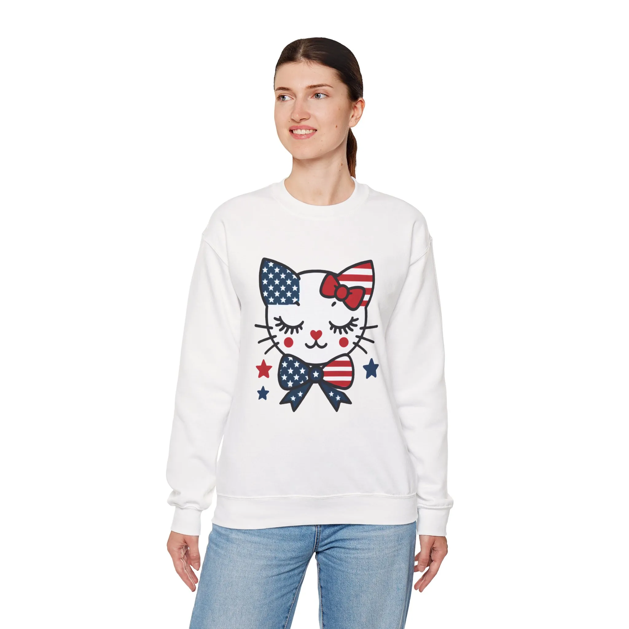 Cute Cat American Flag Sweatshirt, Women's Crewneck, Perfect for 4th of July, Women's Casual Wear, Cat Lovers Gifts - Image 4