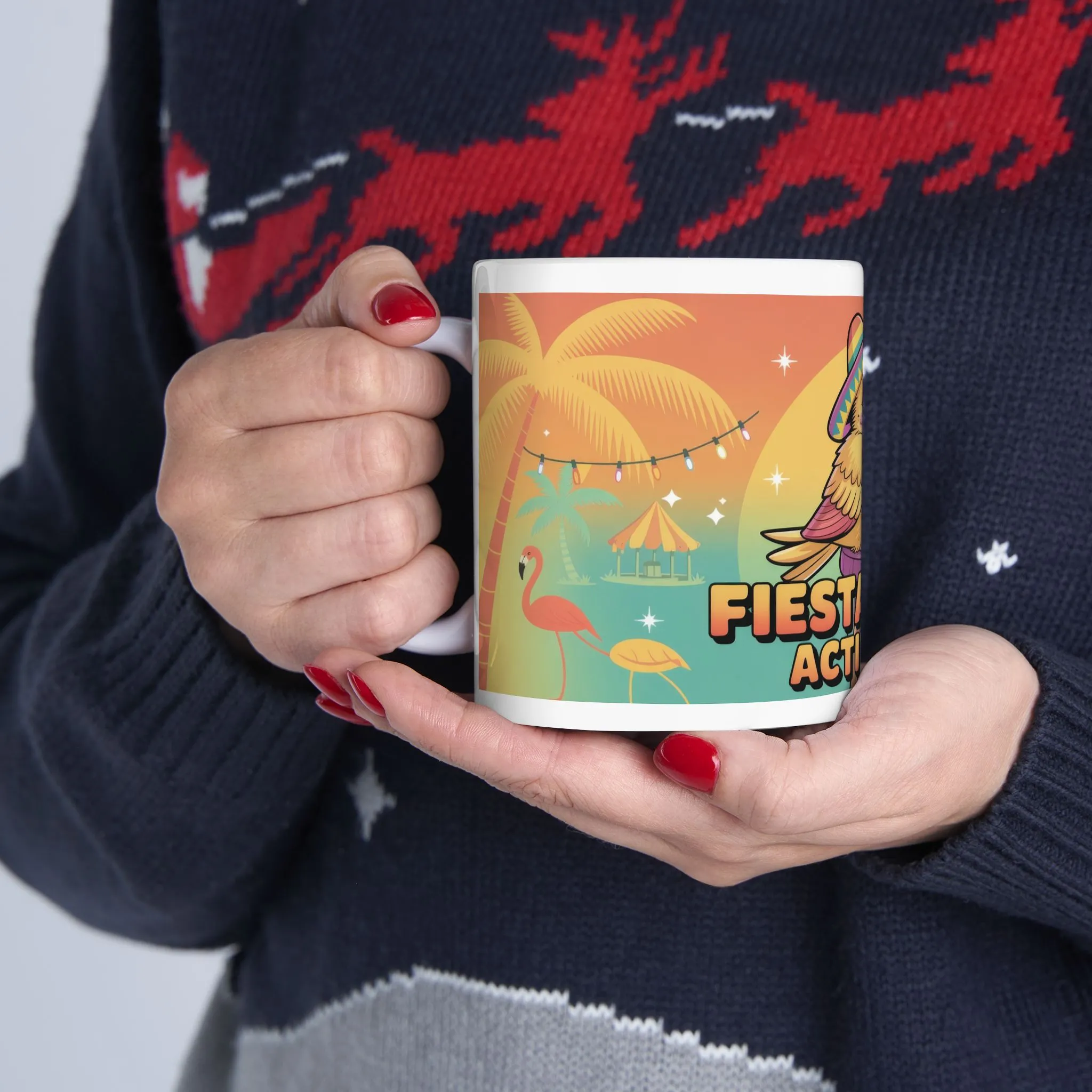 Fiesta Mode Activated Ceramic Mug, Tropical Party Bird Cup, Summer Beach Humor Gift, Colorful Vacation Coffee Mug, Funny Festive Design - Image 7