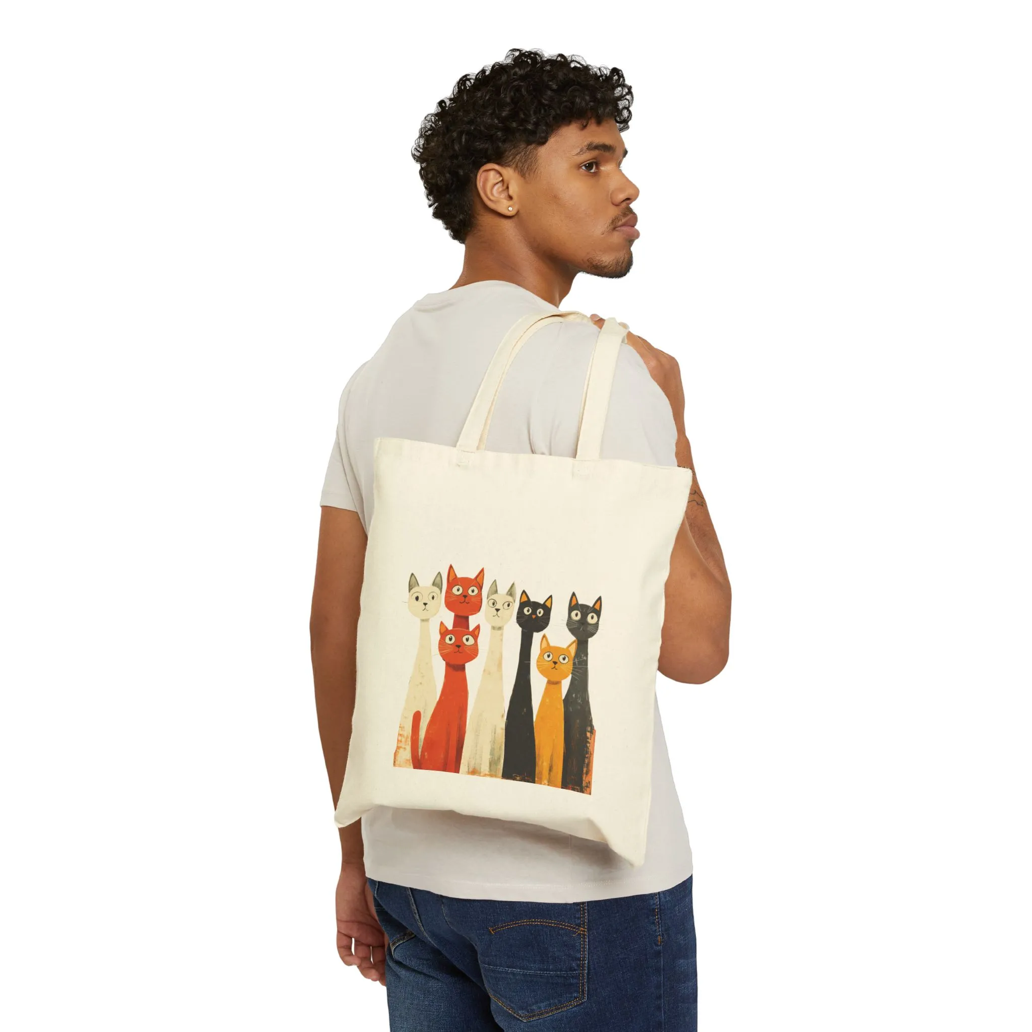Cute Cat Art Cotton Canvas Tote Bag - Eco-Friendly Shopping Bag - Image 3