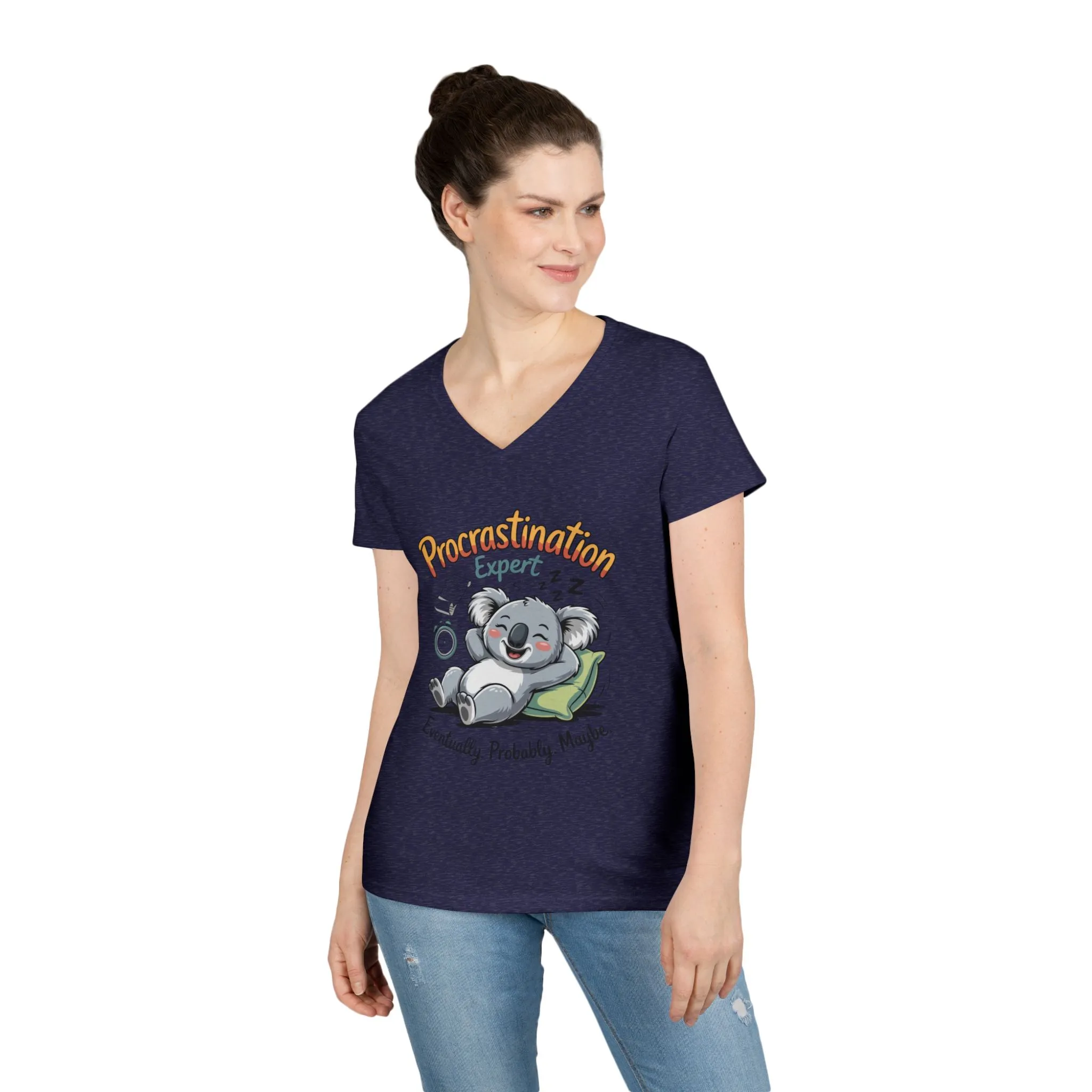 Procrastination Expert Ladies' V-Neck T-Shirt, Fun Tee for Lazy Days, Gift for Students, Casual Wear, Motivational Shirt, Cute Koala Design - Image 10