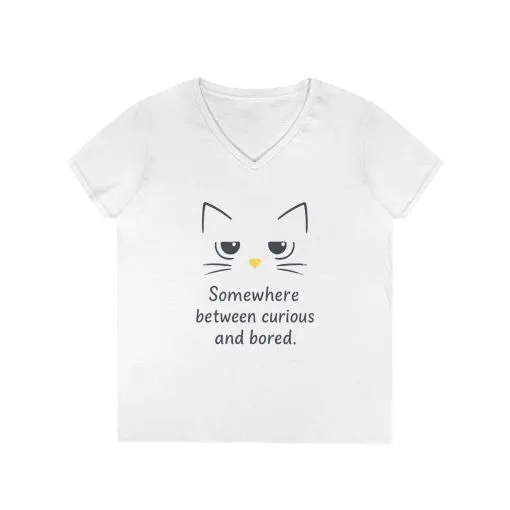 Funny Cat V-Neck T-Shirt - Somewhere Between Curious and Bored, Gift for Cat Lovers, Casual Wear, Birthday Tee, Cute Animal Shirt - Image 2