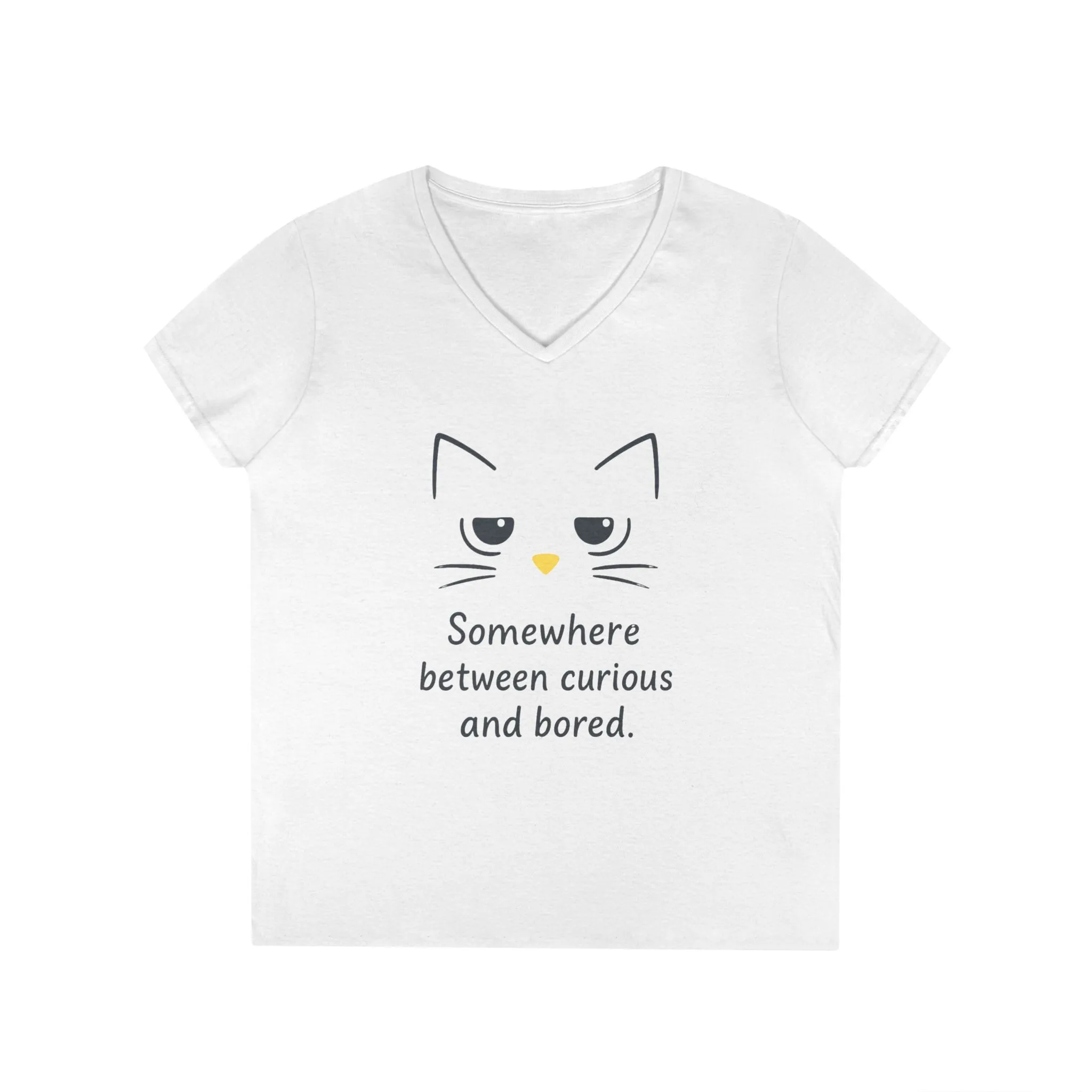 Funny Cat V-Neck T-Shirt - Somewhere Between Curious and Bored, Gift for Cat Lovers, Casual Wear, Birthday Tee, Cute Animal Shirt - Image 2