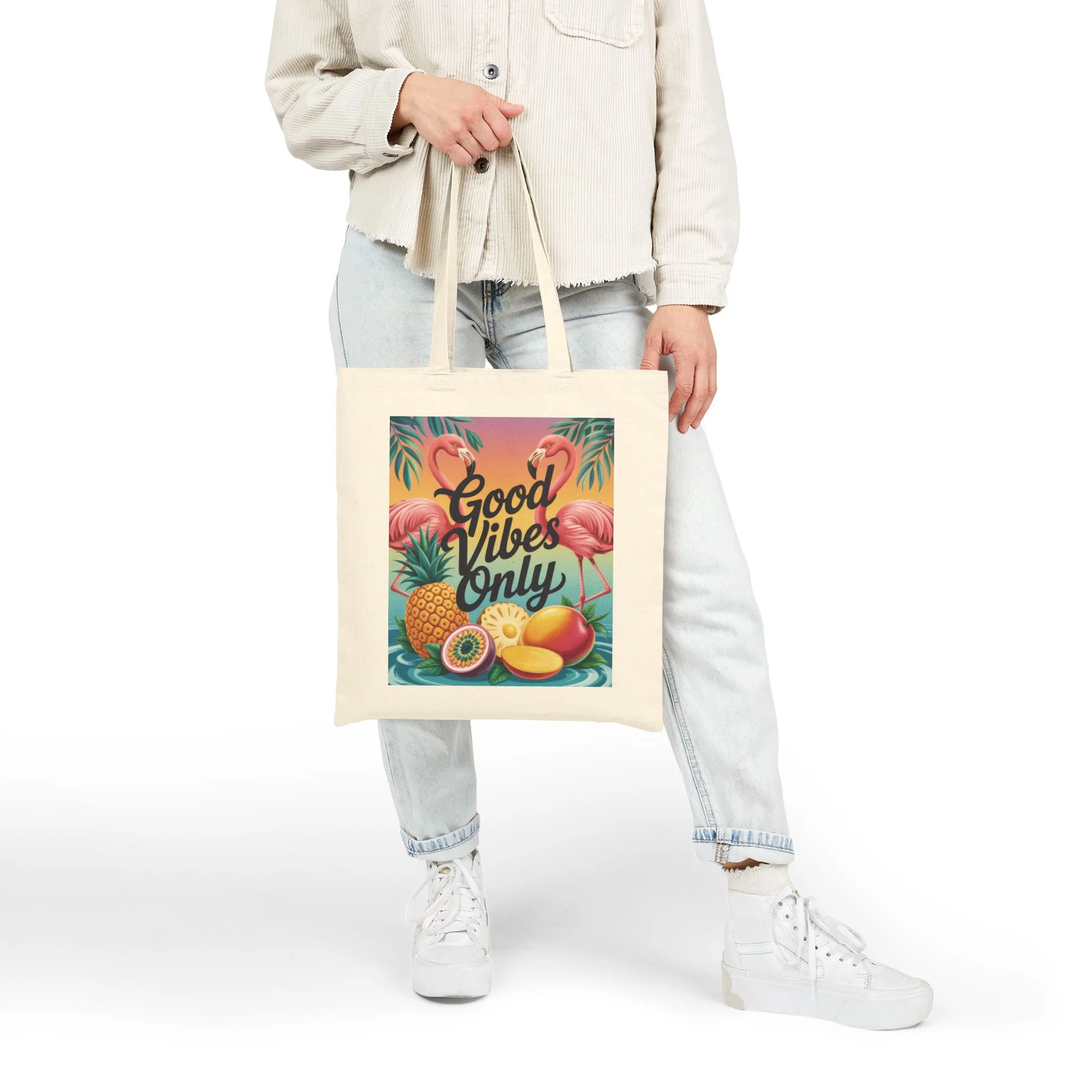 Tote Bag with Tropical Design, Good Vibes Only, Beach Tote, Eco-Friendly Bag, Summer Gift, Grocery Tote, Fun Shopping Bag, Flamingo Pattern - Image 9