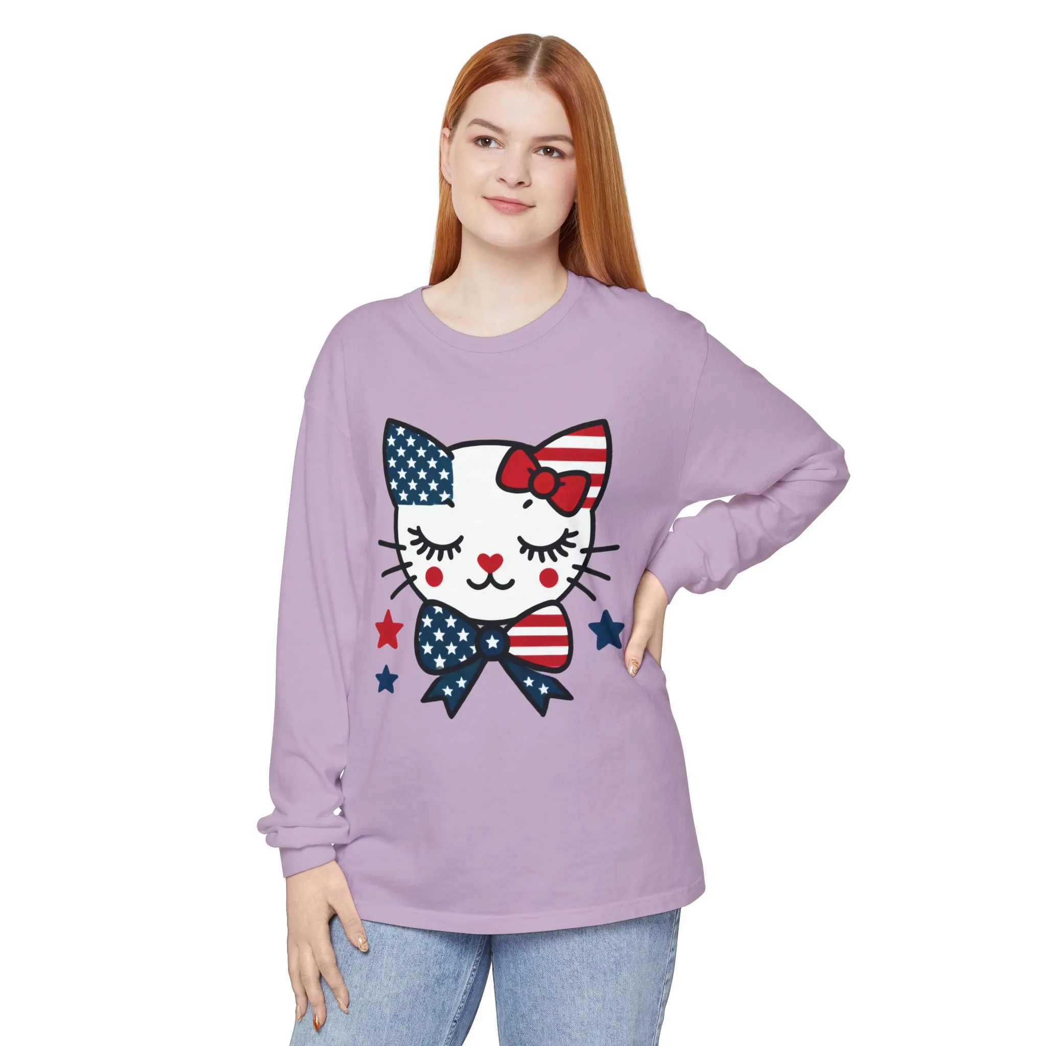 Patriotic Cat Long Sleeve T-Shirt, Womens Tee, Perfect for Fourth of July, Animal Lover Gift, Cozy Casual Wear, Holiday Apparel - Image 16
