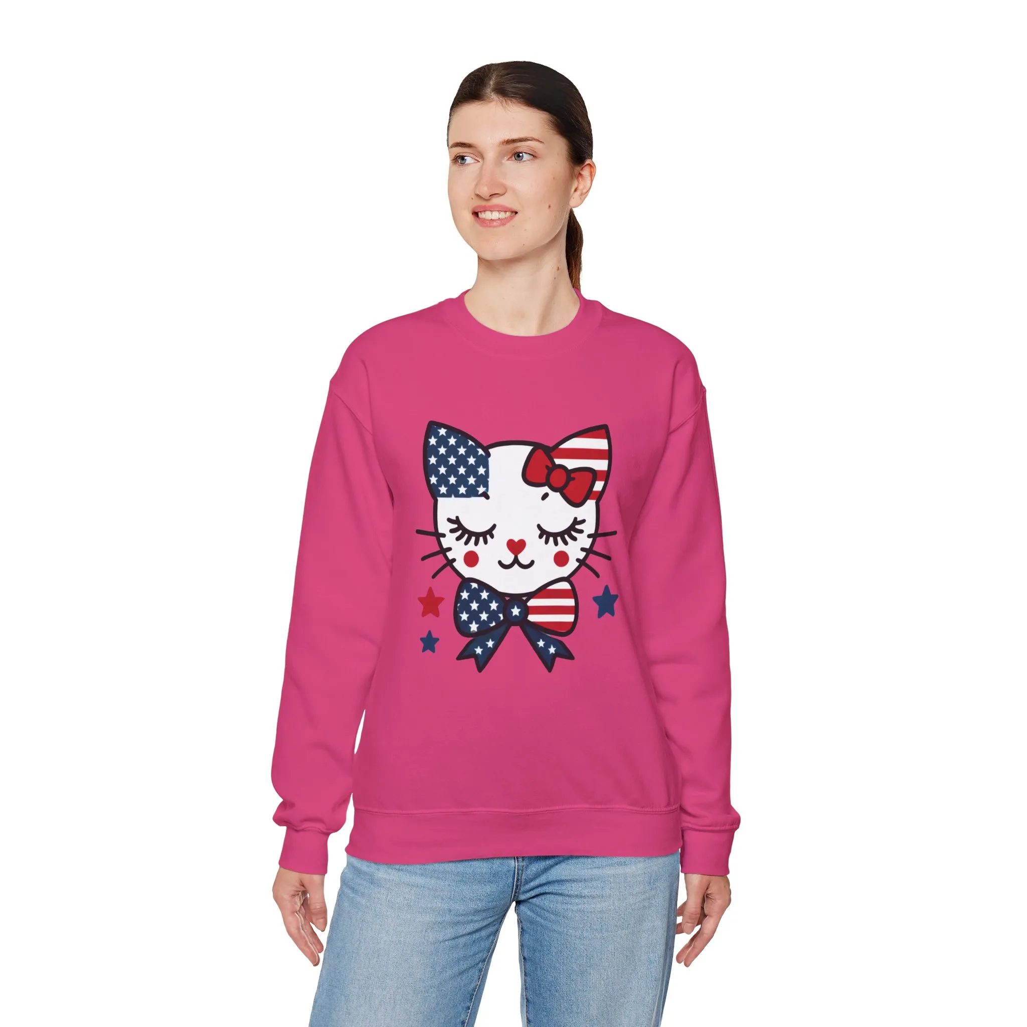 Cute Cat American Flag Sweatshirt, Women's Crewneck, Perfect for 4th of July, Women's Casual Wear, Cat Lovers Gifts - Image 36