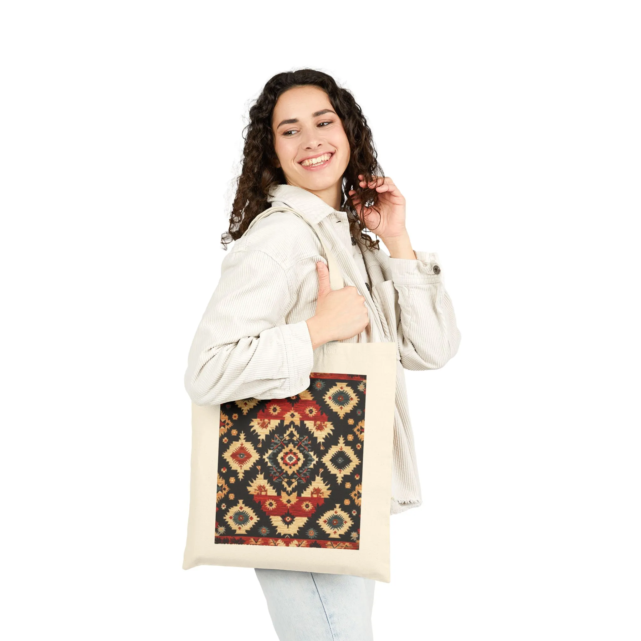 Bohemian Cotton Canvas Tote Bag, Reusable Shopping Bag, Gift for Her, Beach Bag, Travel Companion, Traditional Turkish Carpet Pattern - Image 8