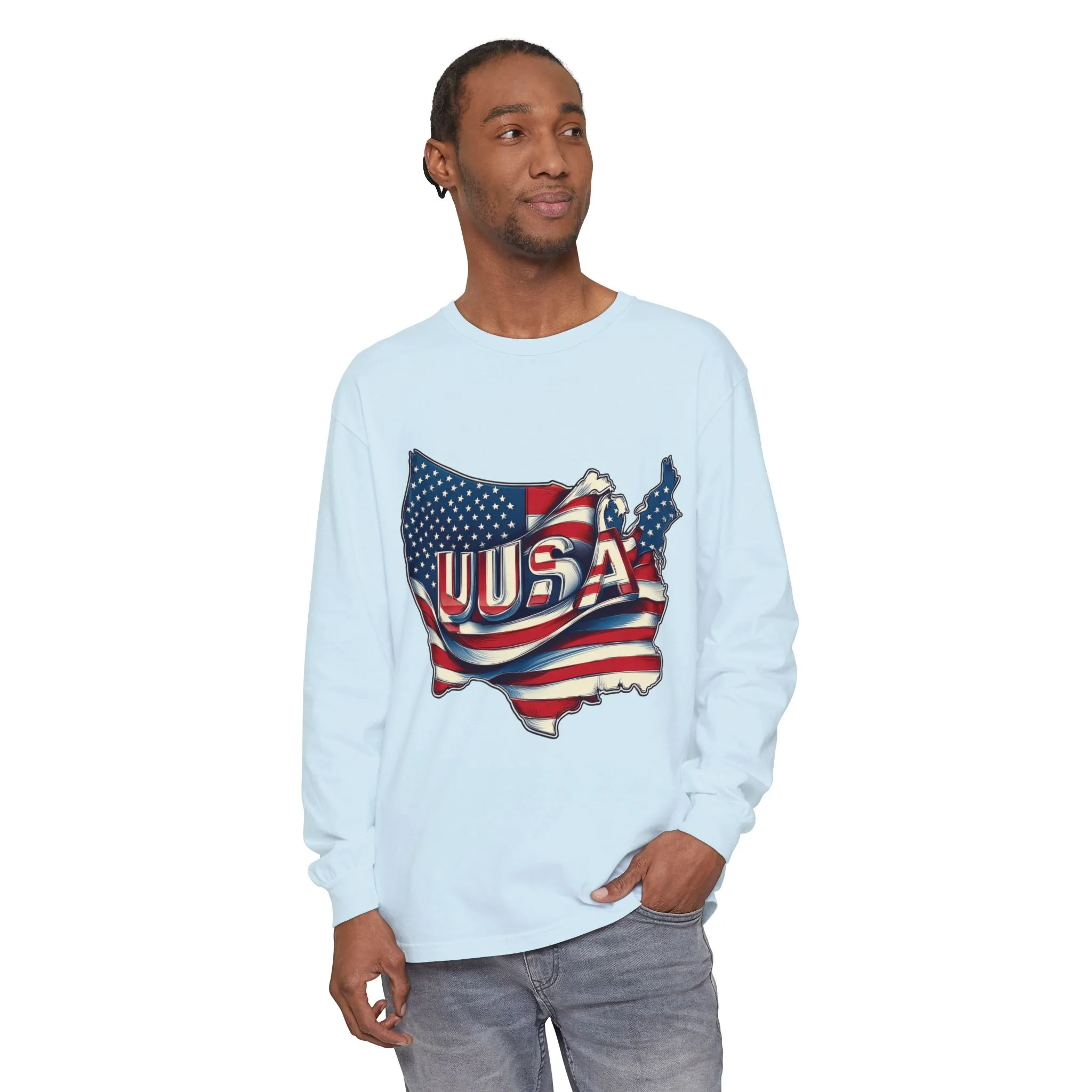 USA Flag Long Sleeve Tee, Unisex Garment-Dyed Shirt, Patriotic Top, All-American Apparel, Independence Day Style, Comfortable Casual Wear - Image 2
