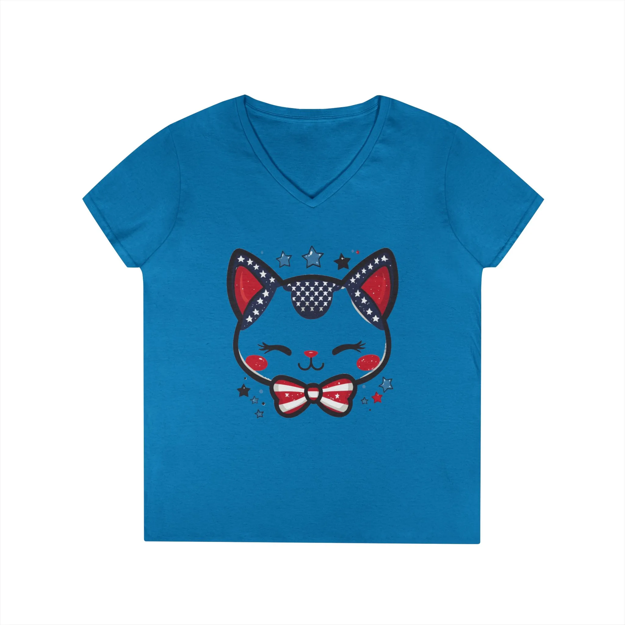 Cute Patriotic V-Neck T-Shirt, Women's Graphic Tee, Perfect for Cat Lovers, Perfect for Holidays and Fourth of July Celebrations - Image 5