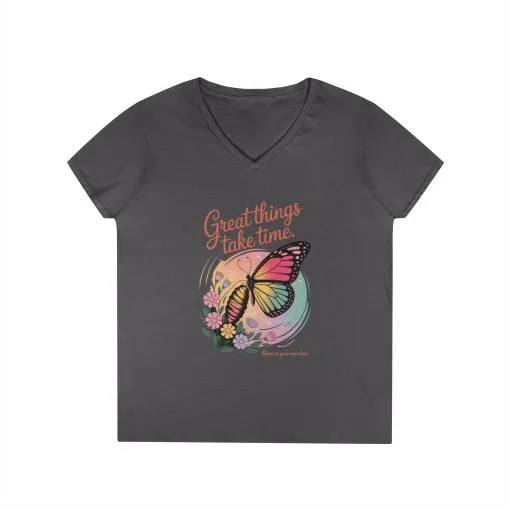 Inspiring Ladies' V-Neck T-Shirt, Great Things Take Time Butterfly Design, Relaxation, Motivation, Nature, Motivational Women's Tee - Image 19