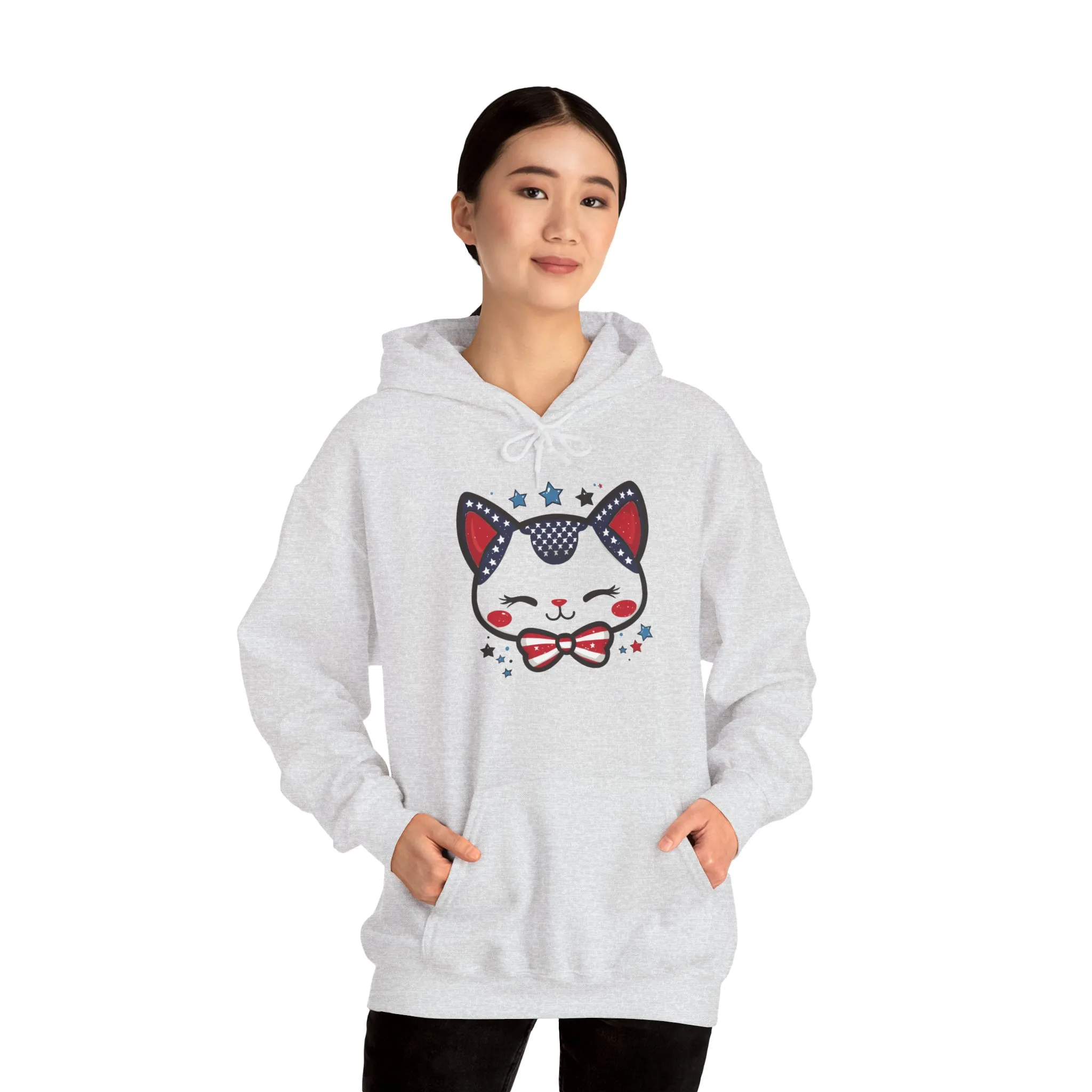 Cute Patriotic Cat -Themed Women's Hoodie, for Cat Lovers, Cute Gift for Pet Owners, Cozy Sweatshirt for All Seasons, Fourth of July Hoodie - Image 11