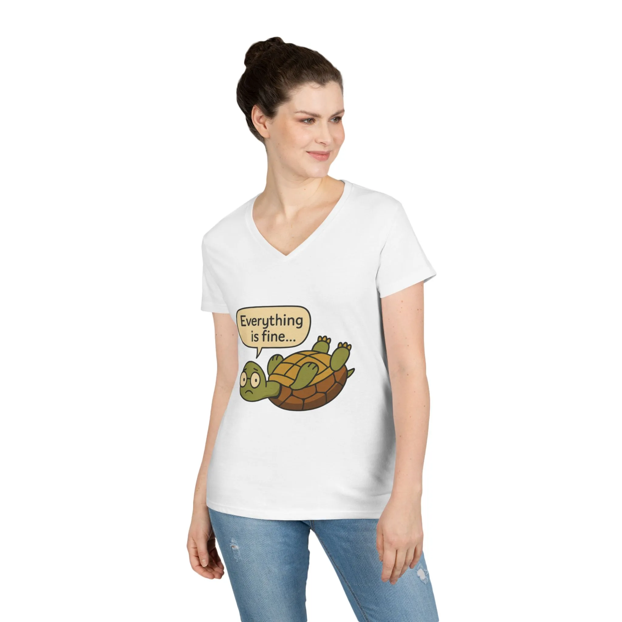 Cute & Comfy Turtle V-Neck T-Shirt - "Everything is fine..." design, Gift for Animal Lovers, Casual Wear, Fun Quotes, Positive message tee - Image 3
