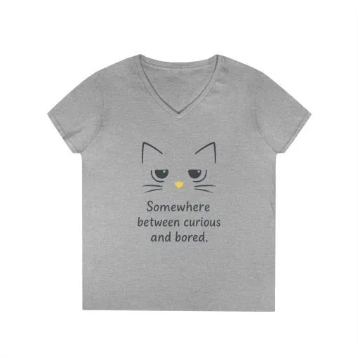 Funny Cat V-Neck T-Shirt - Somewhere Between Curious and Bored, Gift for Cat Lovers, Casual Wear, Birthday Tee, Cute Animal Shirt - Image 6