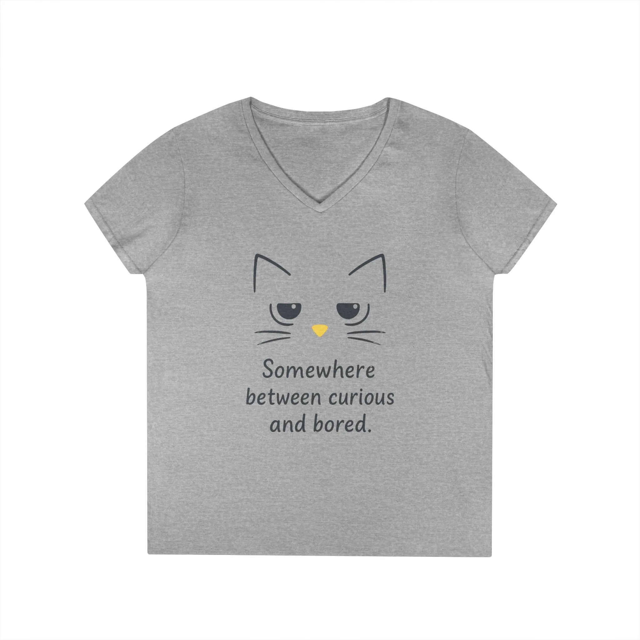 Funny Cat V-Neck T-Shirt - Somewhere Between Curious and Bored, Gift for Cat Lovers, Casual Wear, Birthday Tee, Cute Animal Shirt - Image 6