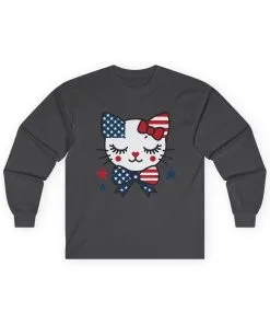 Cute Patriotic Cat Long Sleeve Tee, Women's T-Shirt for Independence Day, 4th of July Celebration, Animal Lover Gift, USA Flag Design