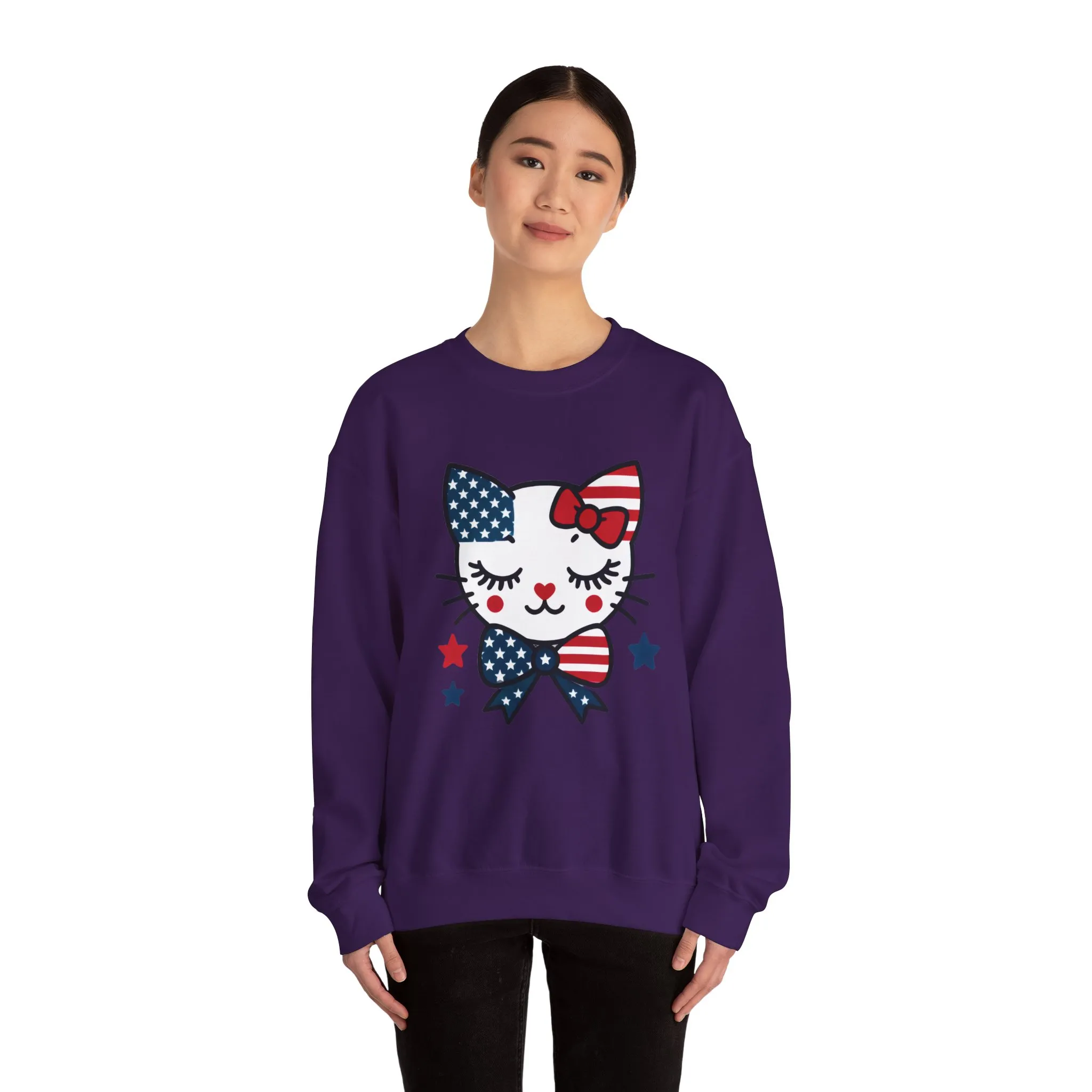 Cute Cat American Flag Sweatshirt, Women's Crewneck, Perfect for 4th of July, Women's Casual Wear, Cat Lovers Gifts - Image 31
