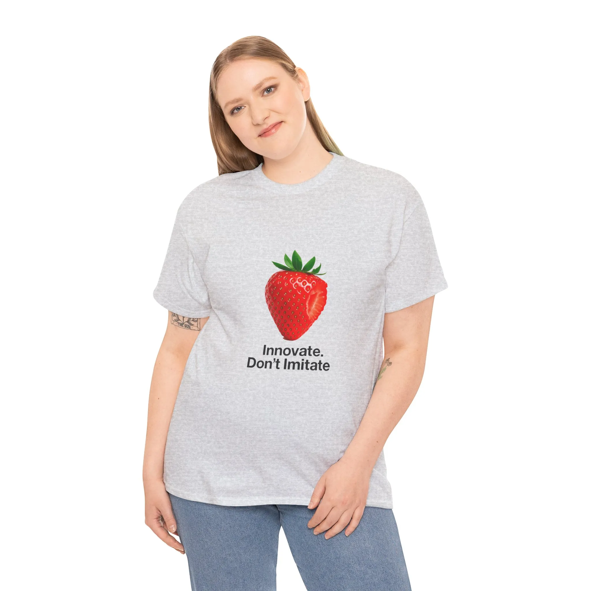 Strawberry Women's Heavy Cotton Tee, Innovate Don't Imitate Shirt, Graphic Tee, Casual Wear, Gift Idea, Summer Style, Witty Design T-Shirt - Image 4