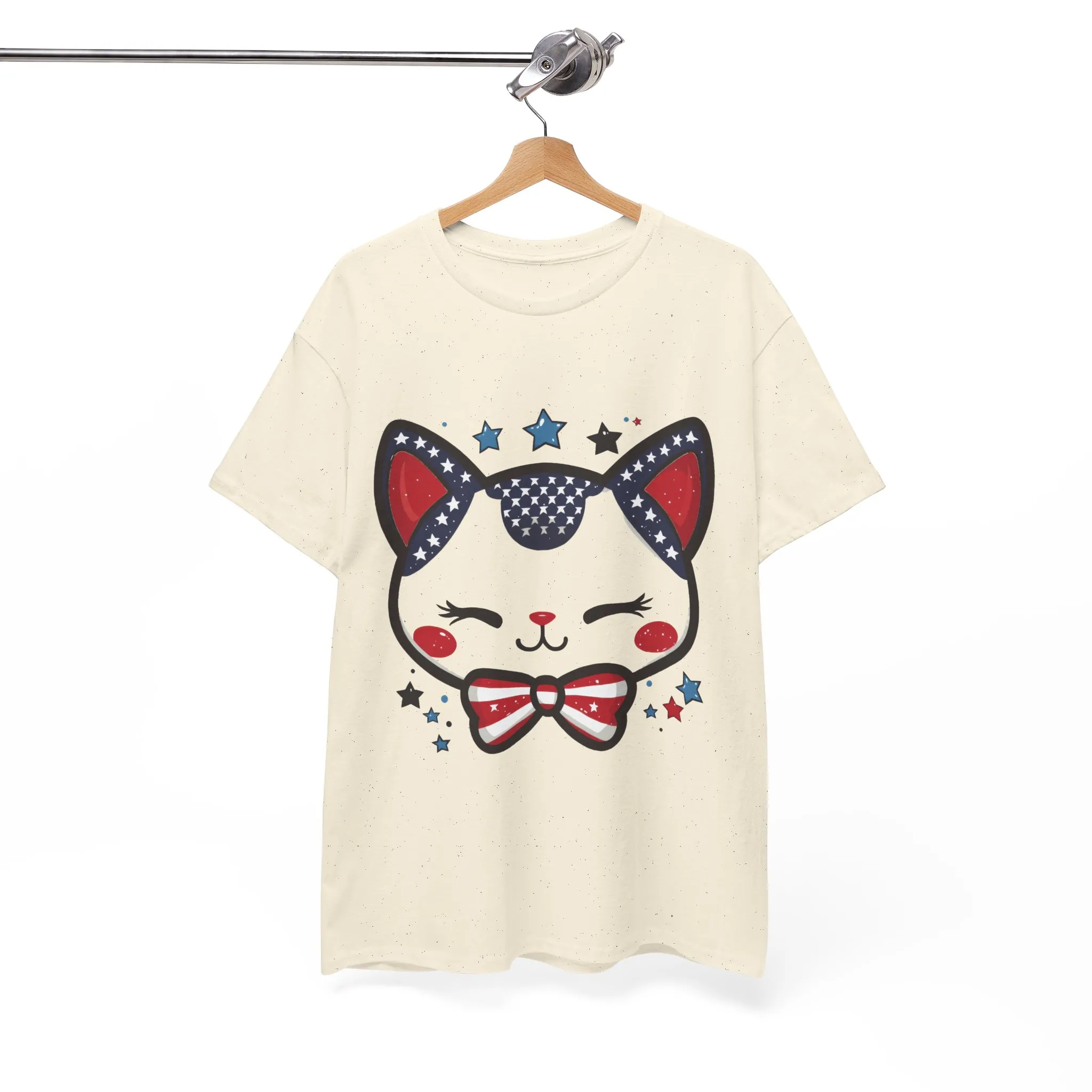 Cute Patriotic Cat Tee, Women's Heavy Cotton Shirt for Cat Lovers, Fourth of July T-Shirt, Fun Gift for Pet Owners, Summer Casual Wear - Image 13