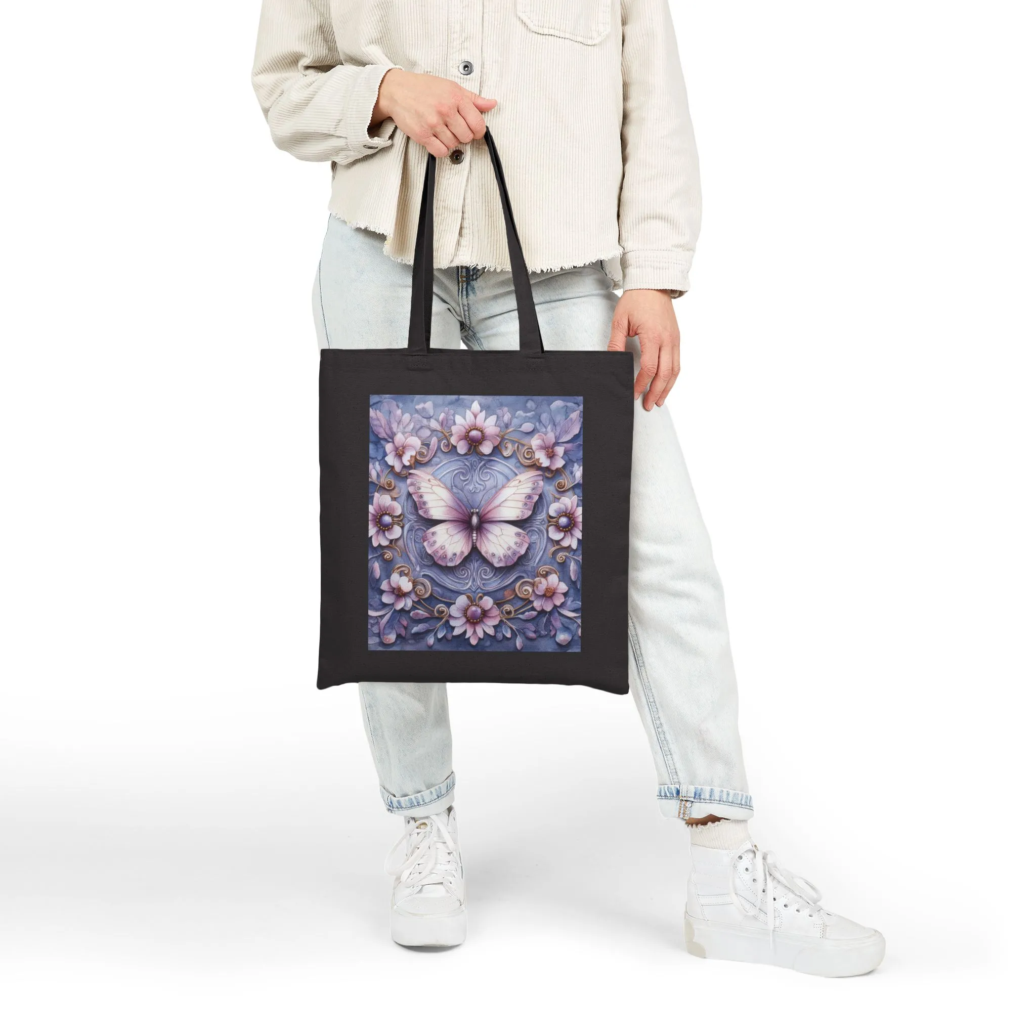 Butterfly Floral Cotton Canvas Tote Bag, Eco-Friendly Shopping, Gift for Her, Nature Lover, Reusable Bag, Boho Style