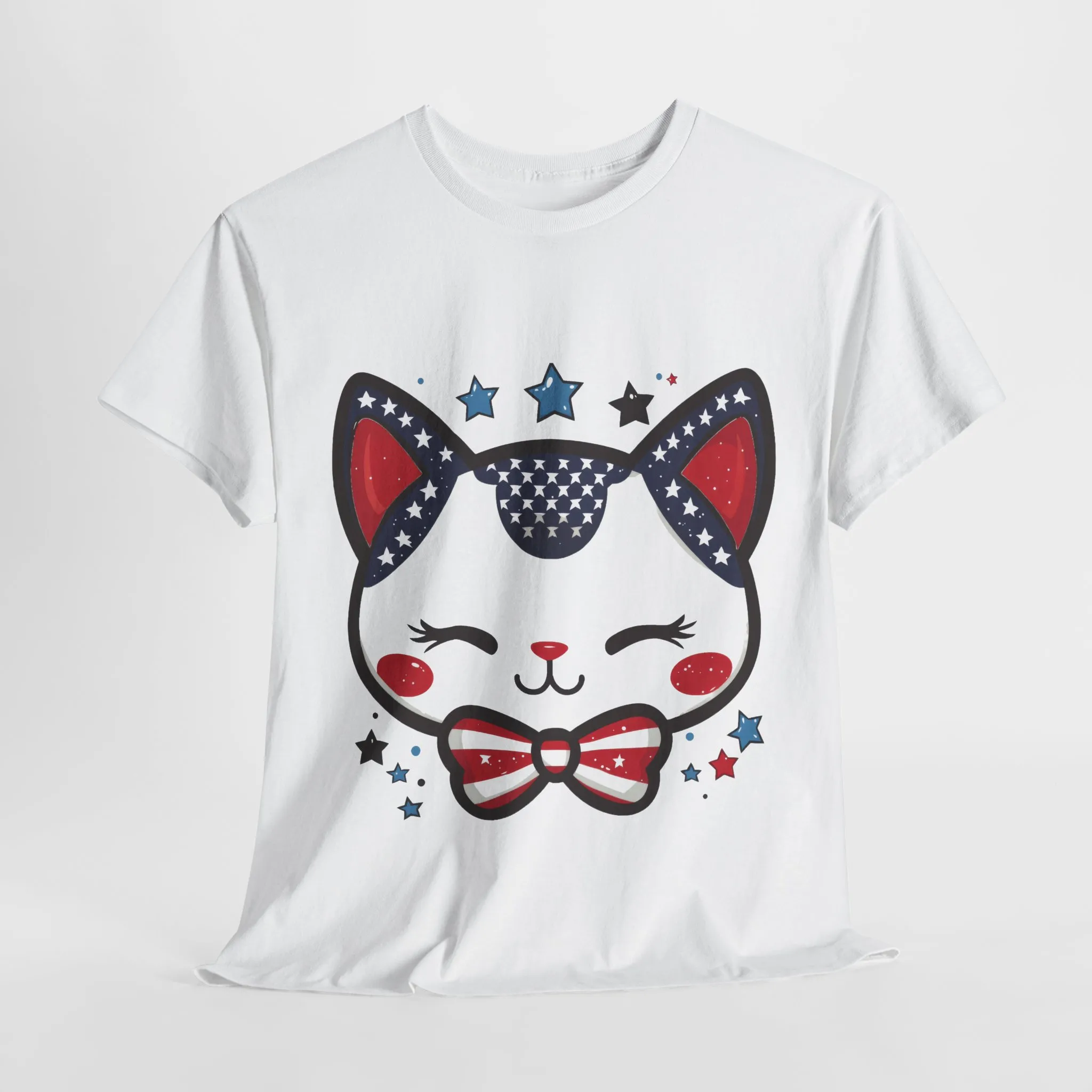 Cute Patriotic Cat Tee, Women's Heavy Cotton Shirt for Cat Lovers, Fourth of July T-Shirt, Fun Gift for Pet Owners, Summer Casual Wear - Image 6