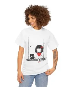 Cute Cat & Girl Graphic Tee, Playful Gift for Cat Lovers, Cat and Girl Design, Gift for Cat Owners, Women's Cotton T-Shirt