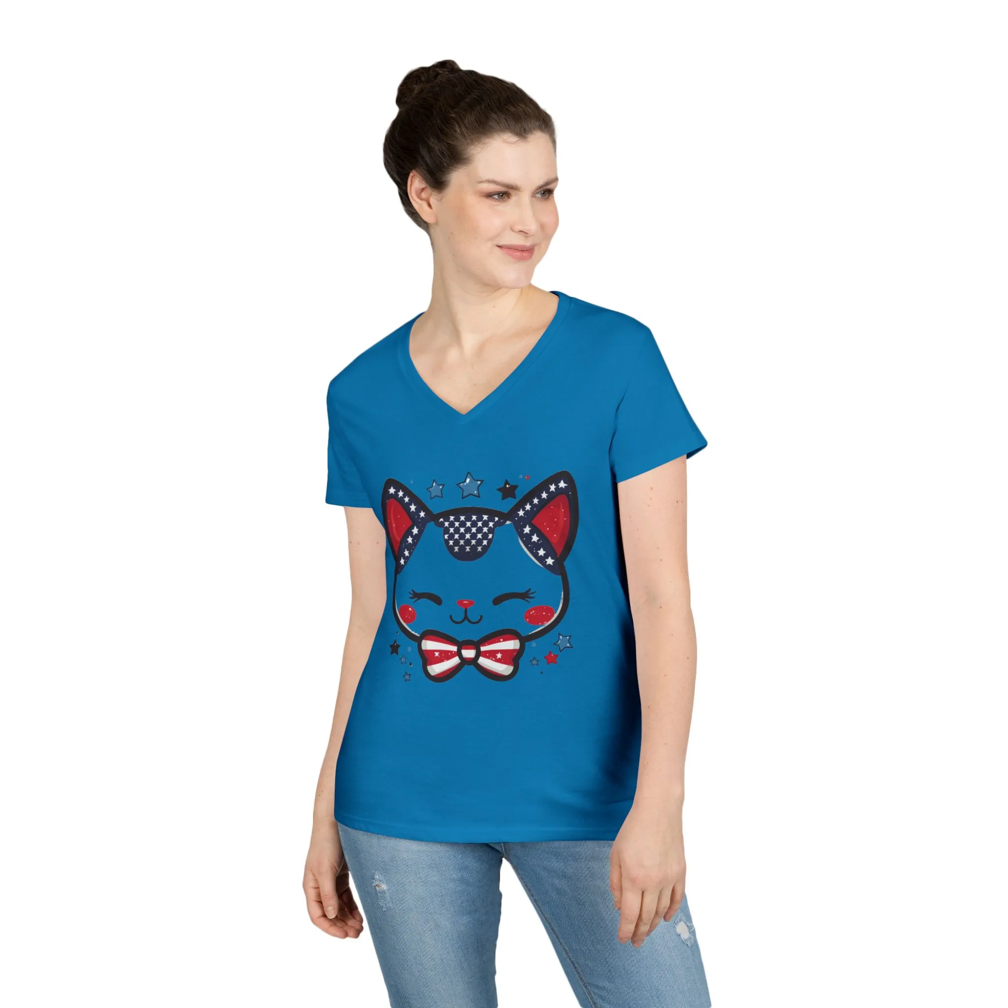 Cute Patriotic V-Neck T-Shirt, Women's Graphic Tee, Perfect for Cat Lovers, Perfect for Holidays and Fourth of July Celebrations - Image 6