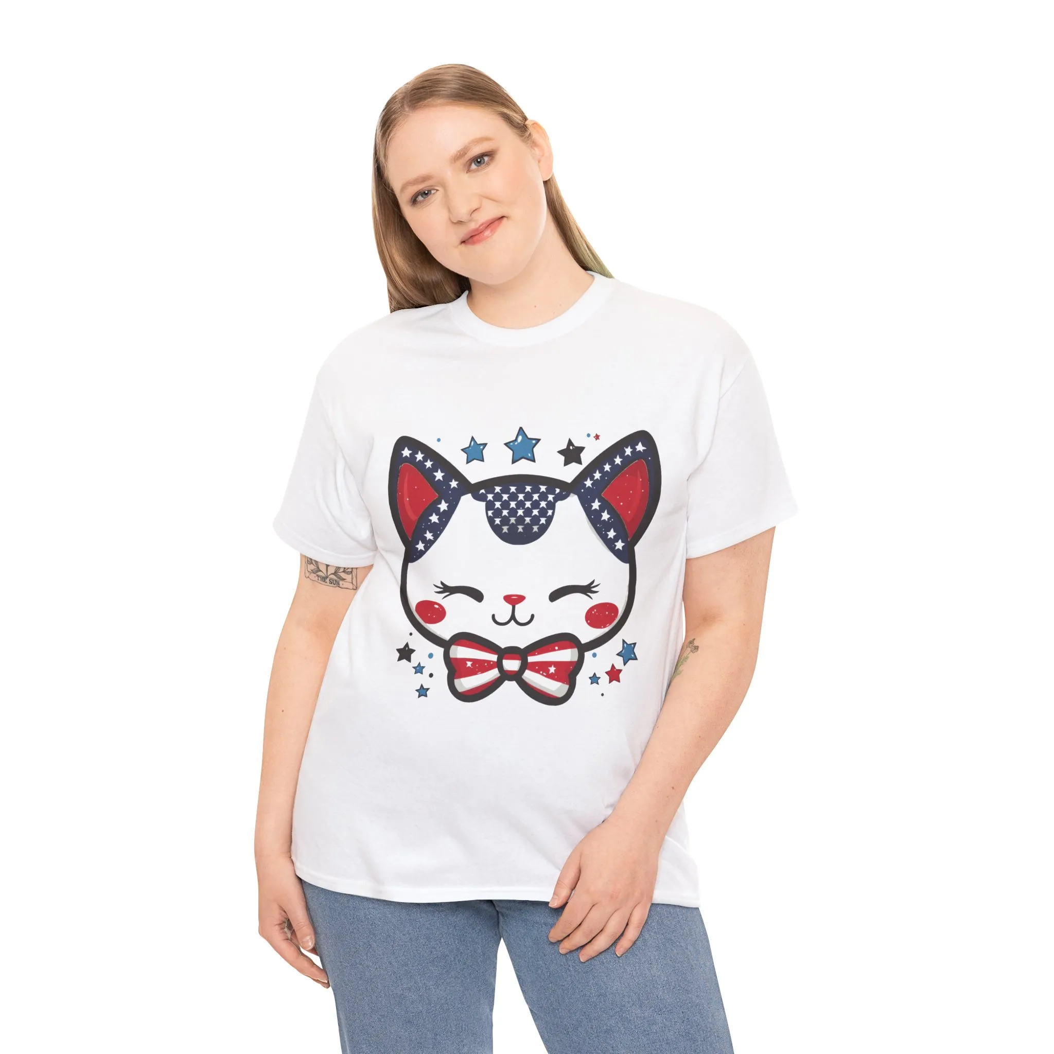 Cute Patriotic Cat Tee, Women's Heavy Cotton Shirt for Cat Lovers, Fourth of July T-Shirt, Fun Gift for Pet Owners, Summer Casual Wear - Image 5