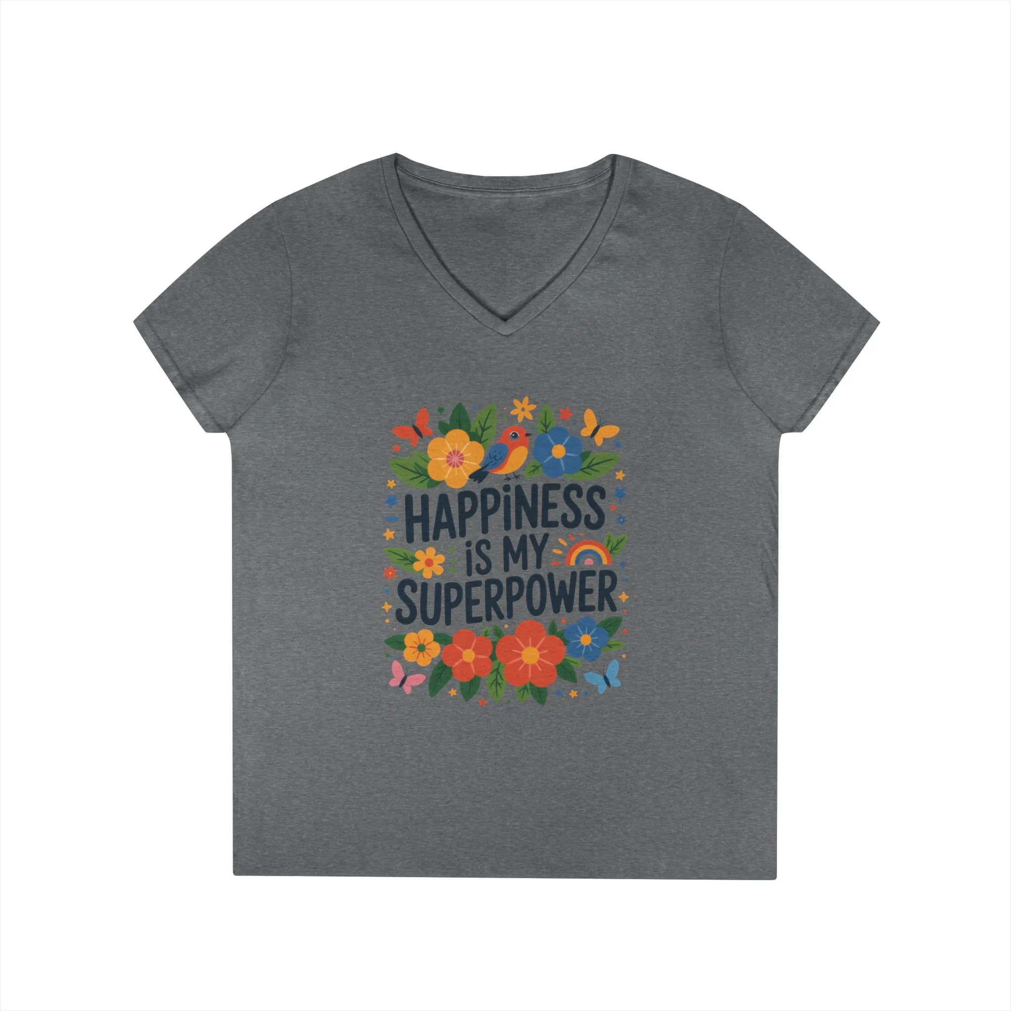 Happiness is My Superpower V-Neck T-Shirt, Floral Motivational Tee, Gift for Her, Positive Quote Shirt, Joyful Statement Tee - Image 8