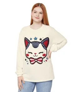 Cute Patriotic Cat Long Sleeve Women's T-Shirt, Fourth of July, Cat Lovers Gift, Casual Wear, Perfect for Holidays and Celebrations
