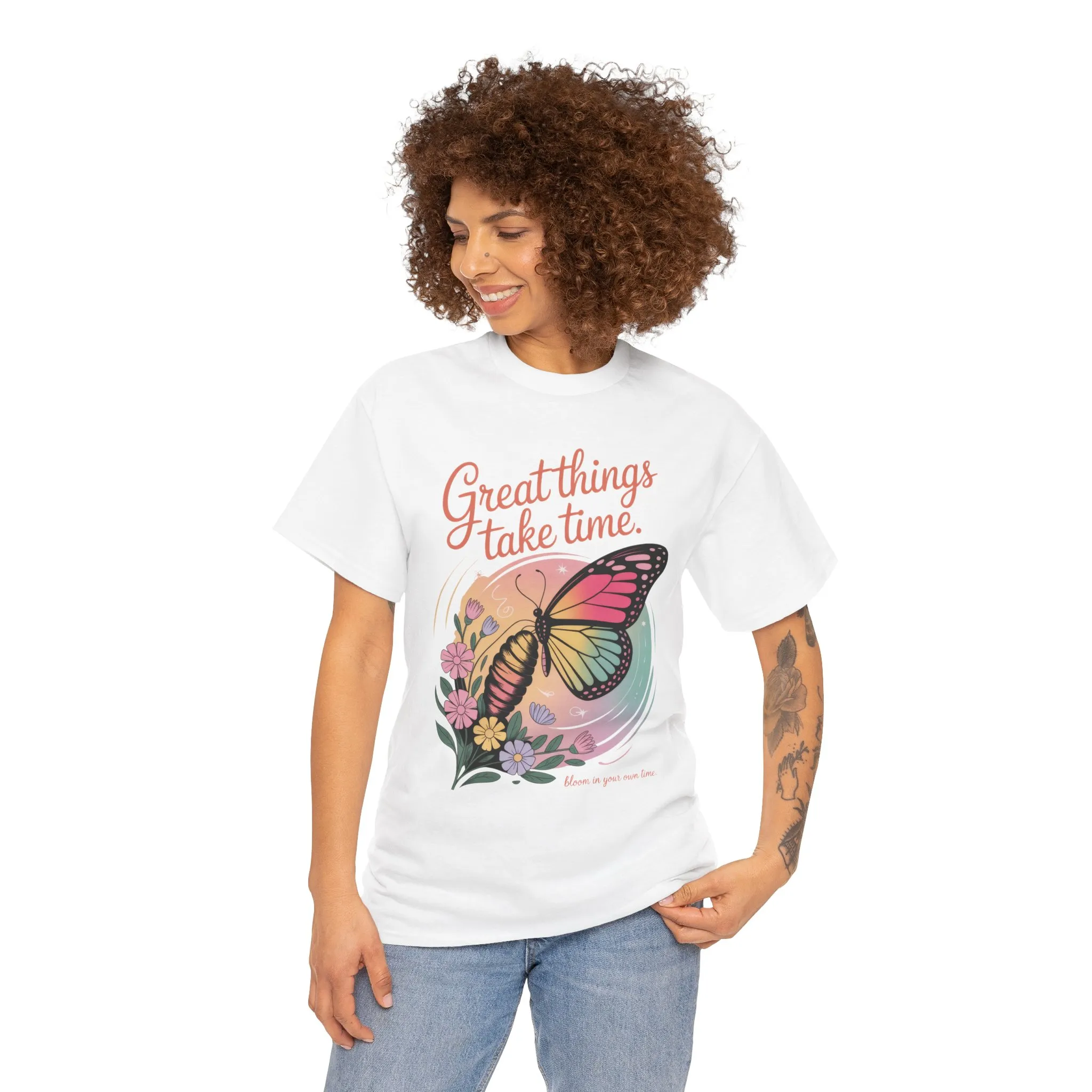 Butterfly Motivational Women's Heavy Cotton Tee, Great Things Take Time Shirt, Gift for Nature Lovers, Inspirational Apparel, Summer Outfit - Image 4