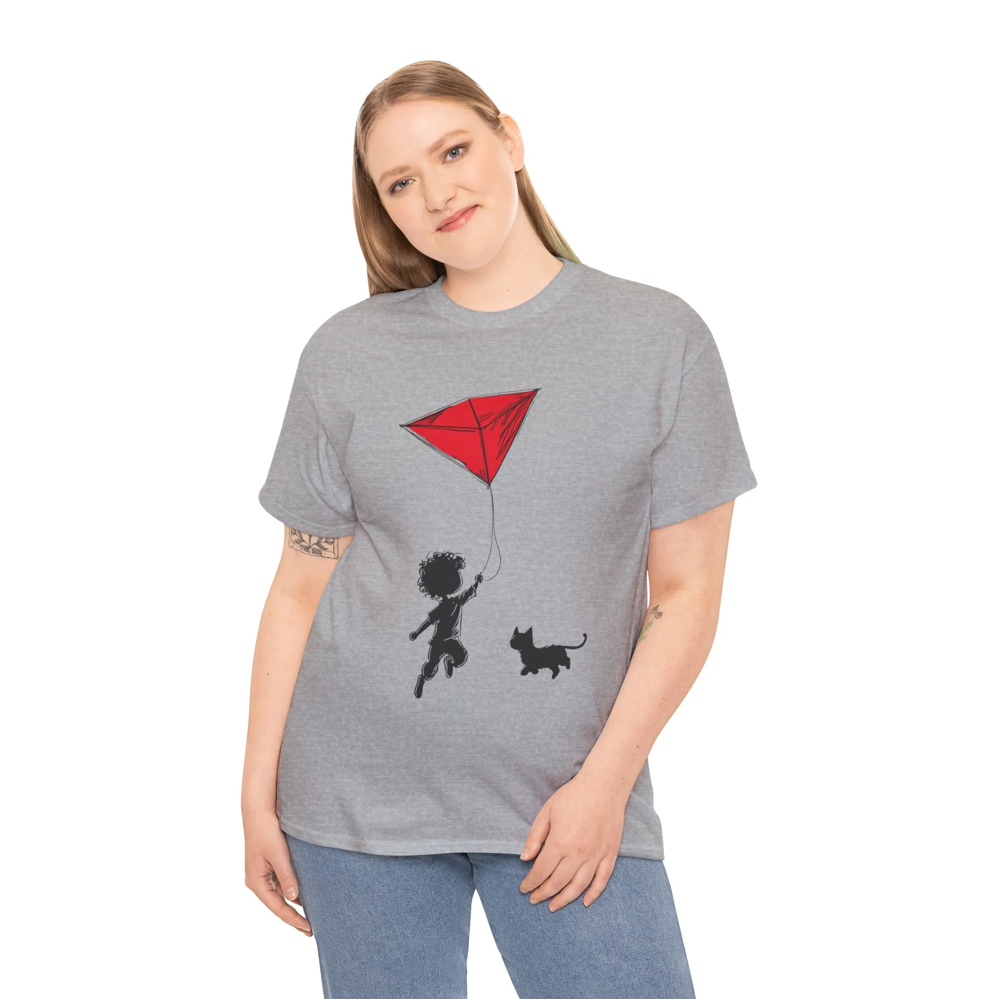 Cute Kid and Cat Design T-Shirt, Playful Gift for Cat Lovers, Summer Style, Cat Lover T-Shirt, Gift for Cat Owners, Women's Cotton T-Shirt - Image 7