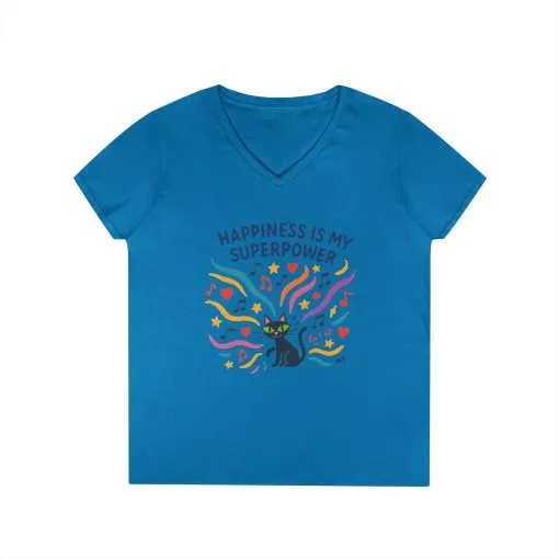 Happiness Is My Superpower V-Neck T-Shirt, Cat Lover Tee, Gift for Her, Cute Graphic Shirt, Music Enthusiast Apparel, Funny Cat Shirt - Image 10