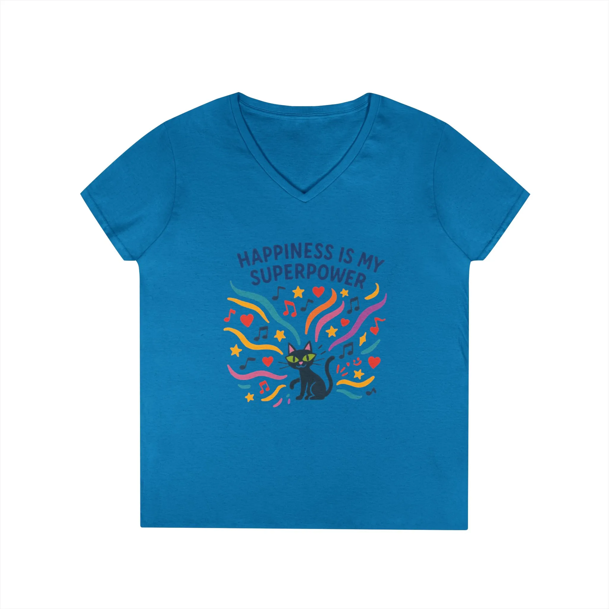 Happiness Is My Superpower V-Neck T-Shirt, Cat Lover Tee, Gift for Her, Cute Graphic Shirt, Music Enthusiast Apparel, Funny Cat Shirt - Image 10