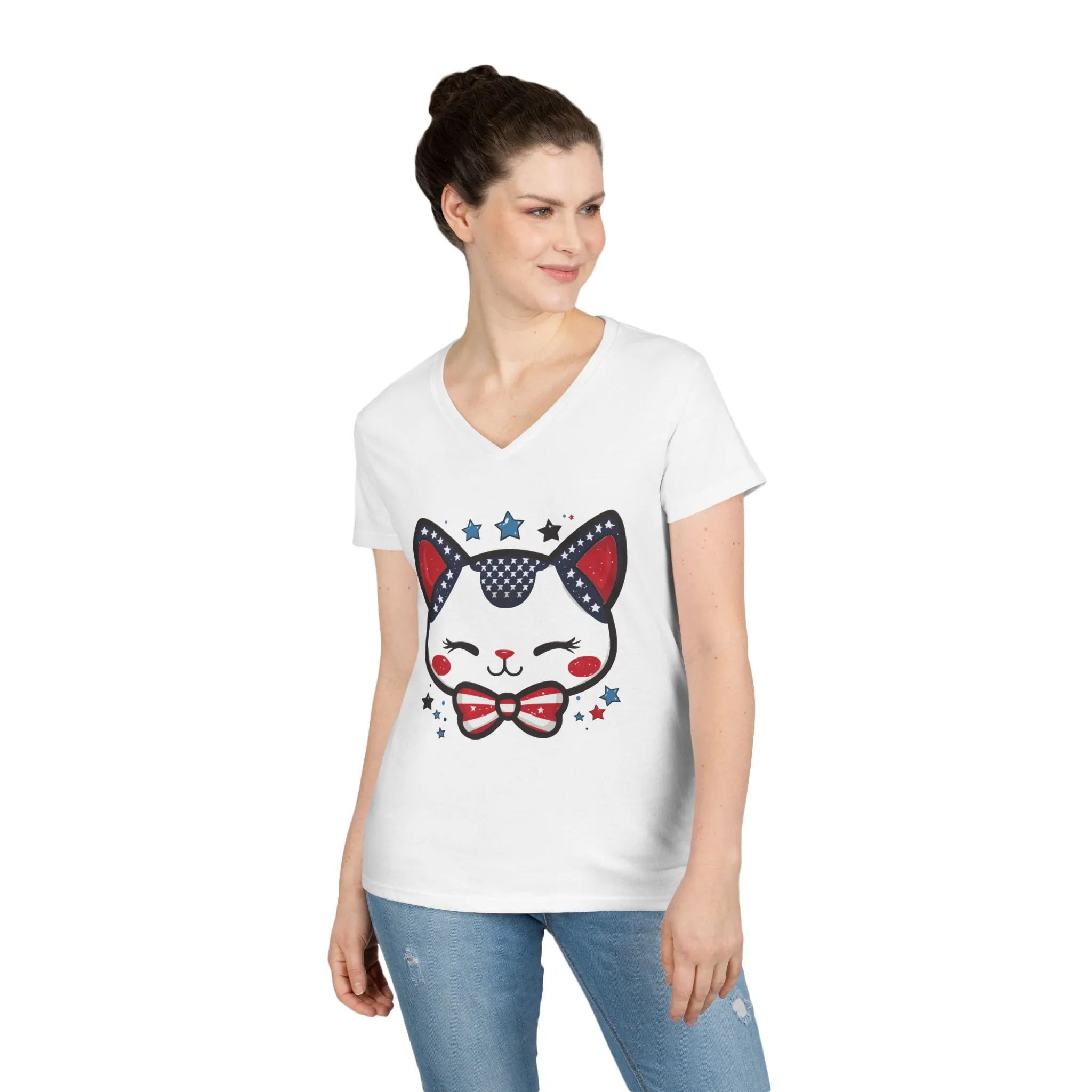 Cute Patriotic V-Neck T-Shirt, Women's Graphic Tee, Perfect for Cat Lovers, Perfect for Holidays and Fourth of July Celebrations