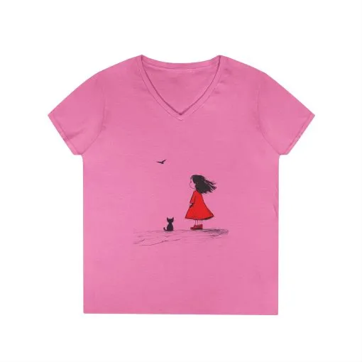 Whimsical V-Neck T-Shirt for Dreamers, Cute Graphic Tee, Animal Lovers Shirt, Stylish Casual Wear, Gifts for Her, Cat Lover T-Shirt - Image 5