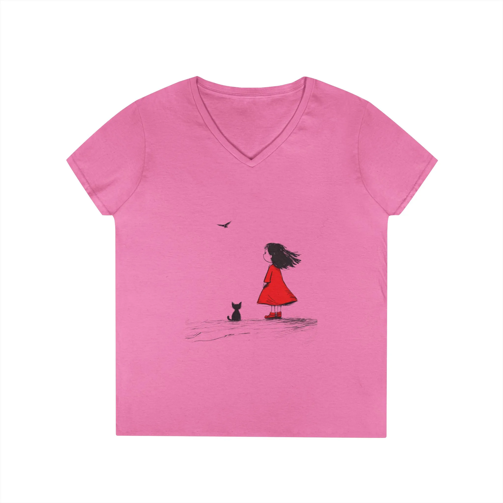 Whimsical V-Neck T-Shirt for Dreamers, Cute Graphic Tee, Animal Lovers Shirt, Stylish Casual Wear, Gifts for Her, Cat Lover T-Shirt - Image 5