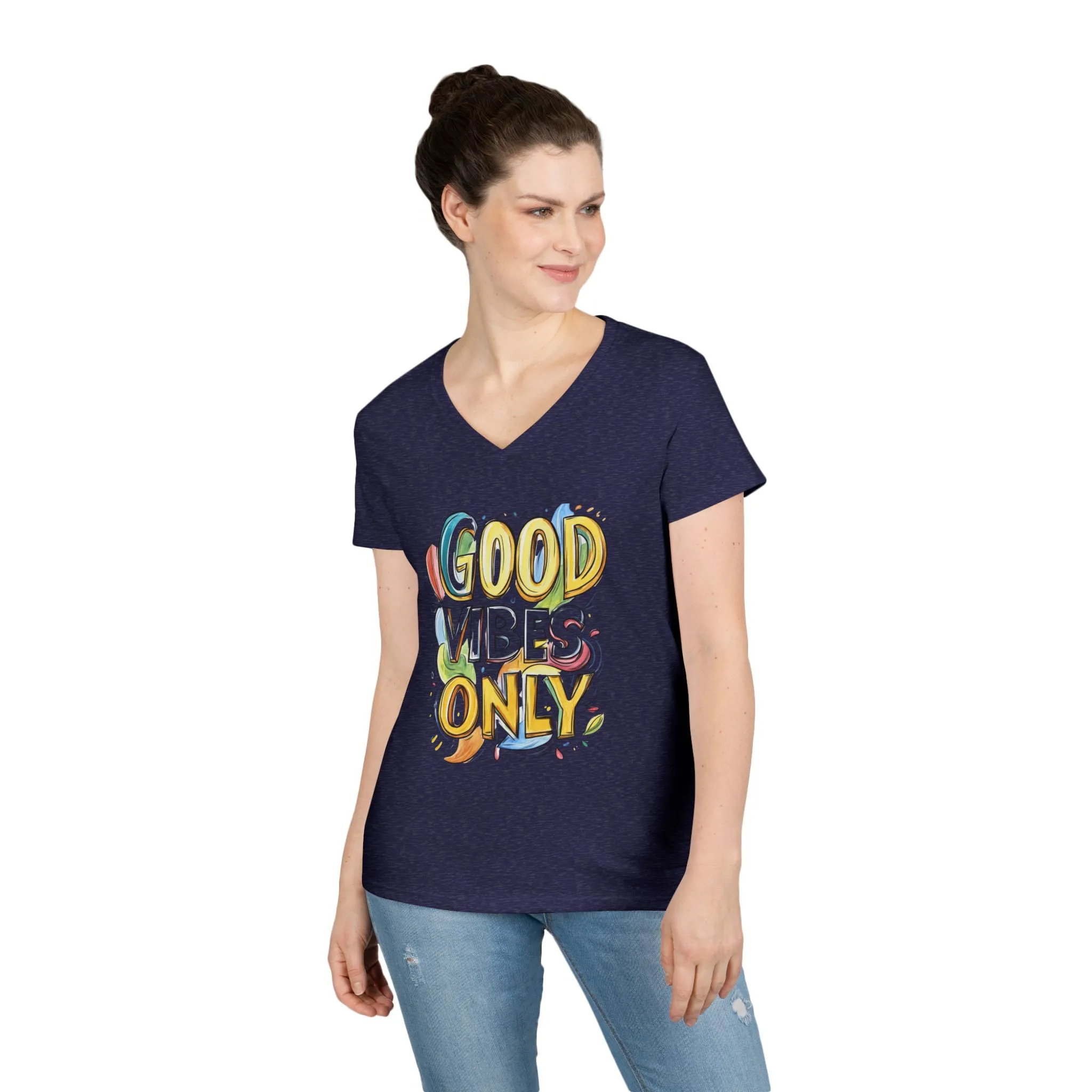 Good Vibes Only Ladies' V-Neck T-Shirt | Positive Message Tee, Casual Wear, Gift for Her, Summer Style, Feel Good Fashion, Positive Energy - Image 11