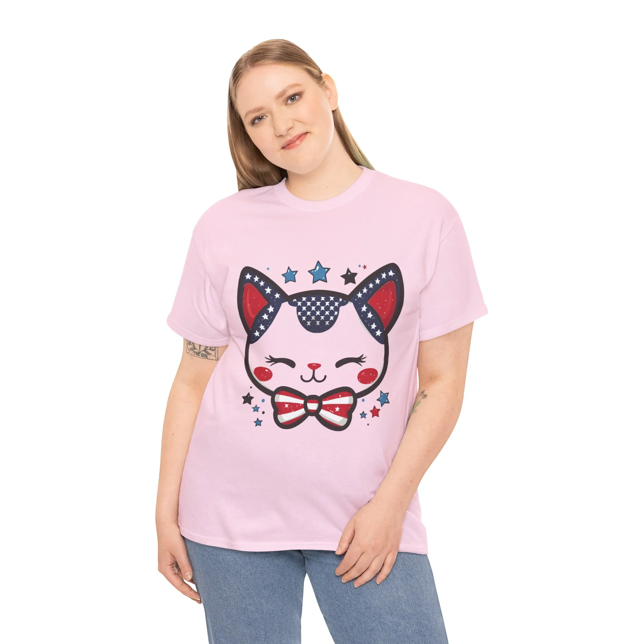 Cute Patriotic Cat Tee, Women's Heavy Cotton Shirt for Cat Lovers, Fourth of July T-Shirt, Fun Gift for Pet Owners, Summer Casual Wear - Image 21