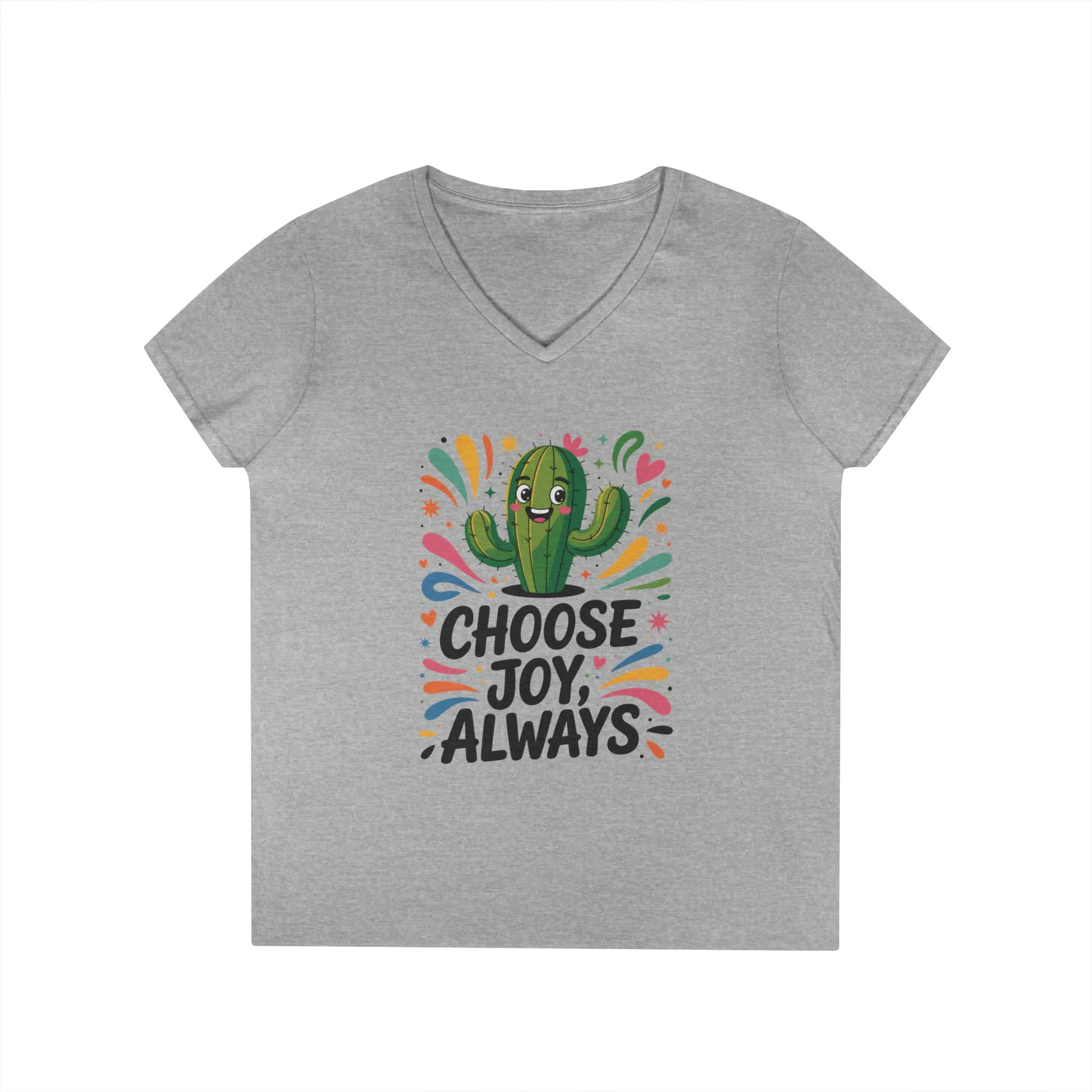 Choose Joy Cactus Ladies' V-Neck T-Shirt, Positive Vibe Shirt, Gift for Her, Summer Casual Tee, Inspirational Wear, Cute Graphic Top - Image 2