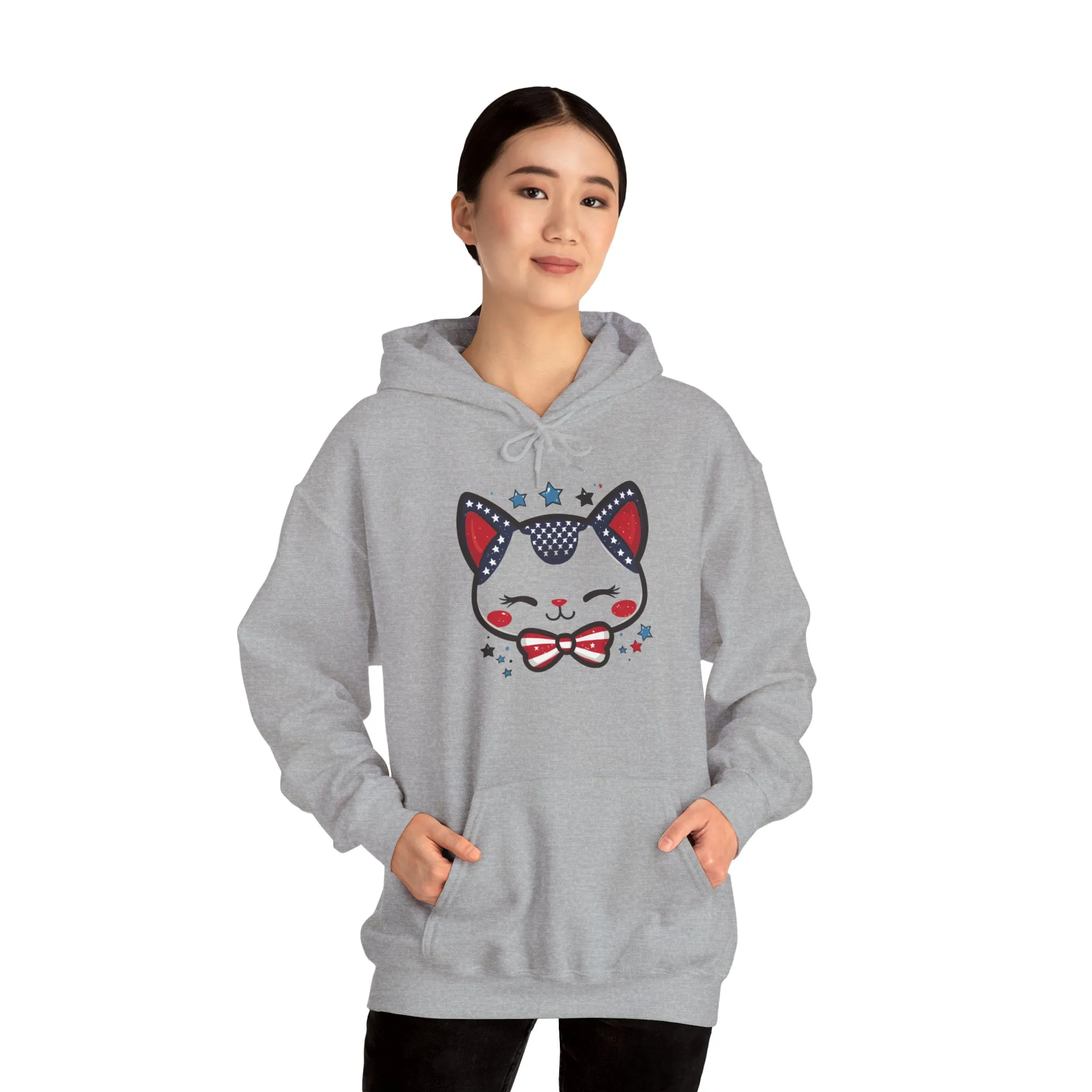 Cute Patriotic Cat -Themed Women's Hoodie, for Cat Lovers, Cute Gift for Pet Owners, Cozy Sweatshirt for All Seasons, Fourth of July Hoodie - Image 15
