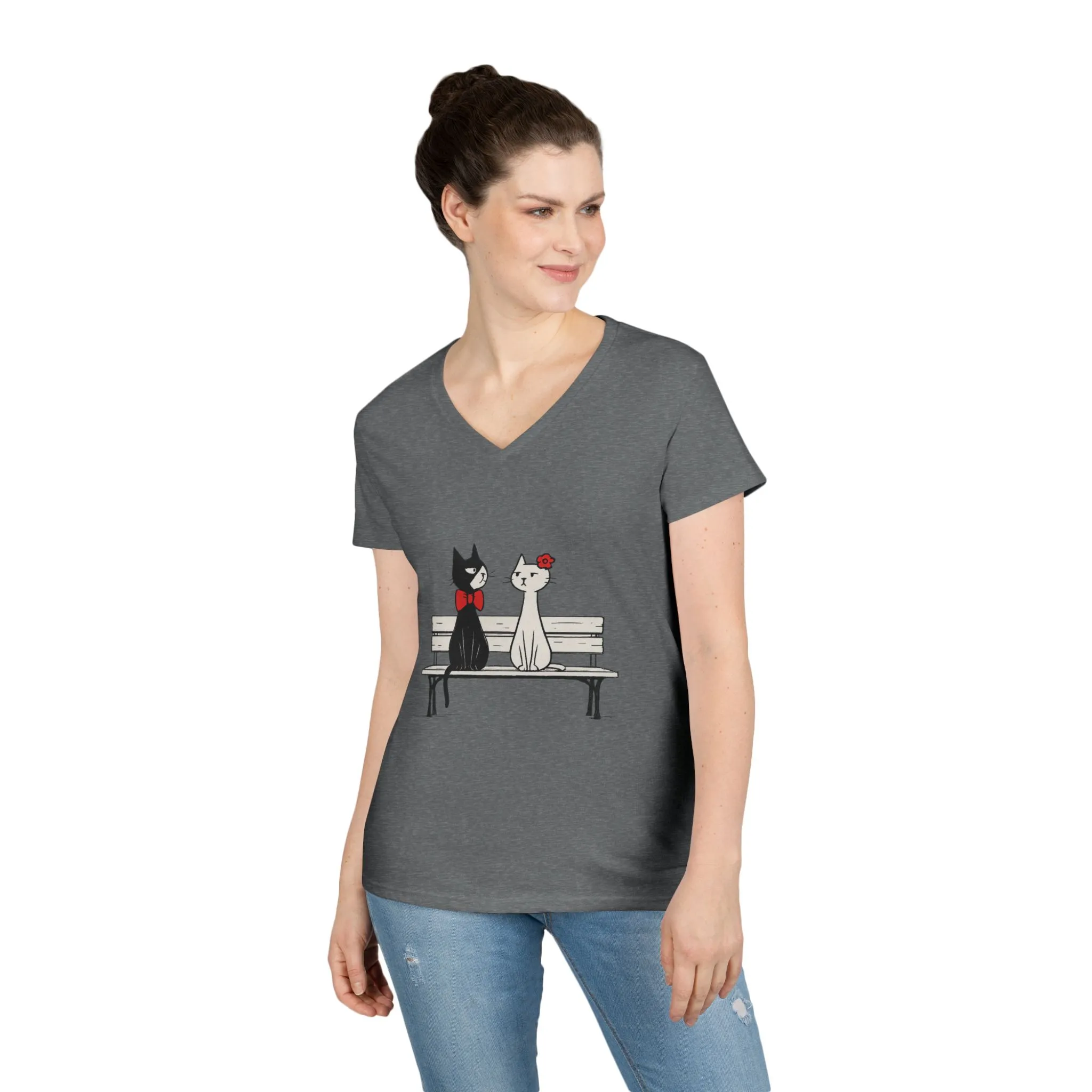Cute Cat Lovers V-Neck T-Shirt, Casual Wear, Gift for Her, Pet Lovers, Best Friend Gift, Cute Cat Design, Valentine's Day, Cat Love - Image 15