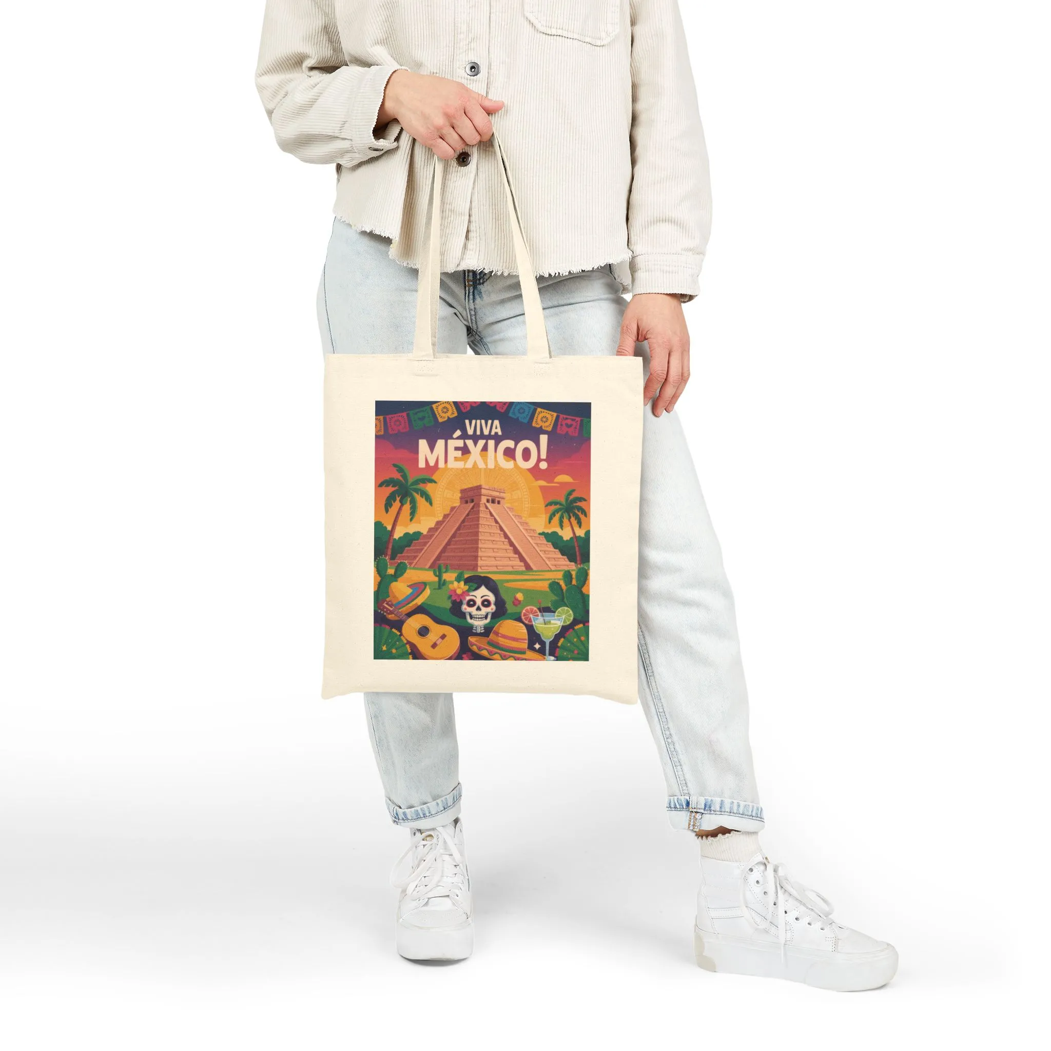 Viva Mexico Cotton Canvas Tote Bag, Eco-Friendly Grocery Bag, Bohemian Beach Bag, Travel Tote, Day of the Dead Gift - Image 3