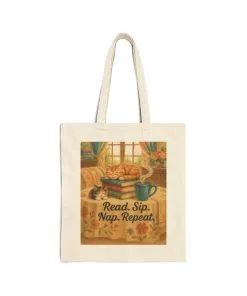 Cute Cotton Canvas Tote Bag, Read Sip Nap Repeat, Perfect for Book Lovers, Cat Lovers, Eco-Friendly Gift, Reusable Shopping Bag, Charming