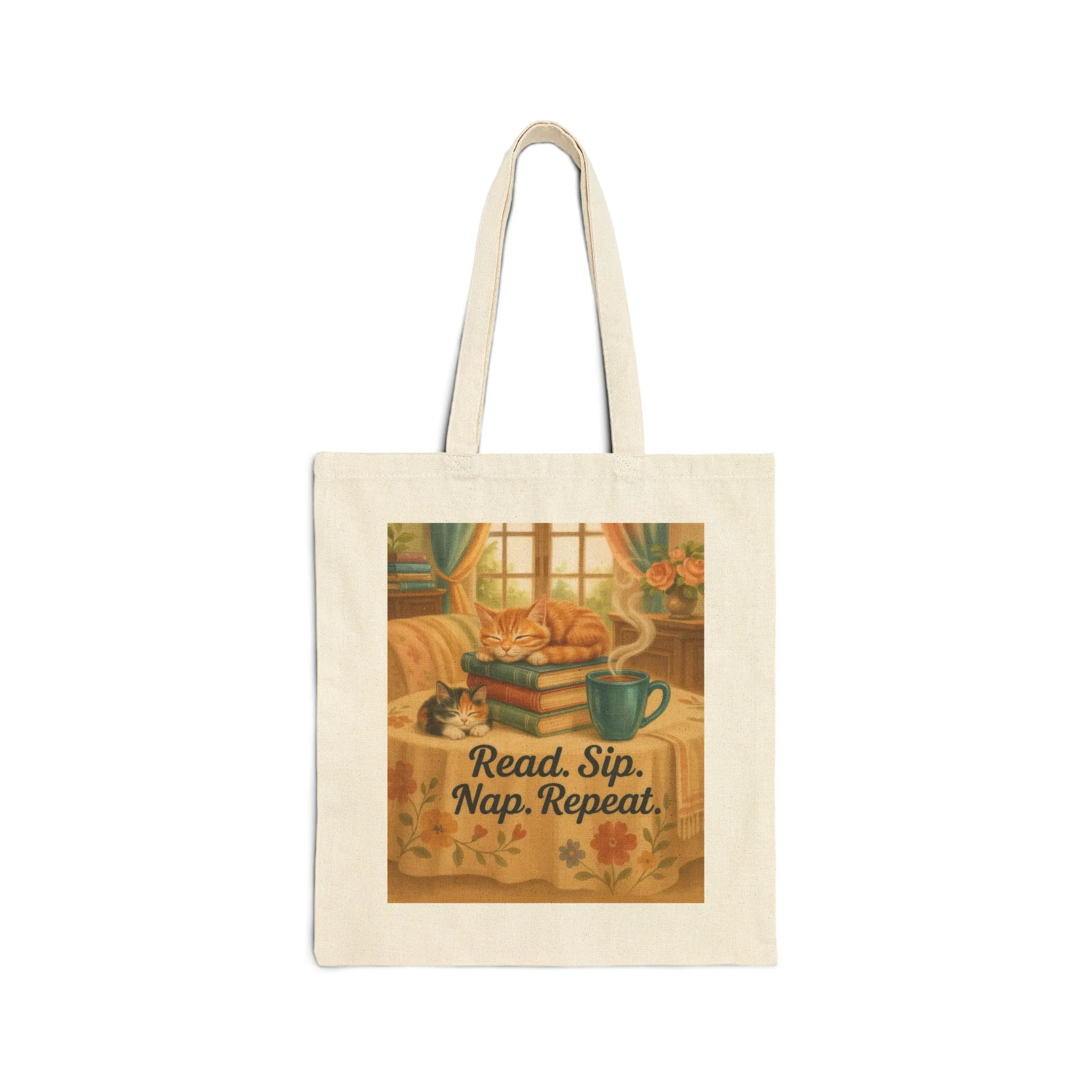 Cute Cotton Canvas Tote Bag, Read Sip Nap Repeat, Perfect for Book Lovers, Cat Lovers, Eco-Friendly Gift, Reusable Shopping Bag, Charming