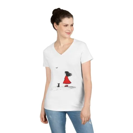Whimsical V-Neck T-Shirt for Dreamers, Cute Graphic Tee, Animal Lovers Shirt, Stylish Casual Wear, Gifts for Her, Cat Lover T-Shirt - Image 2