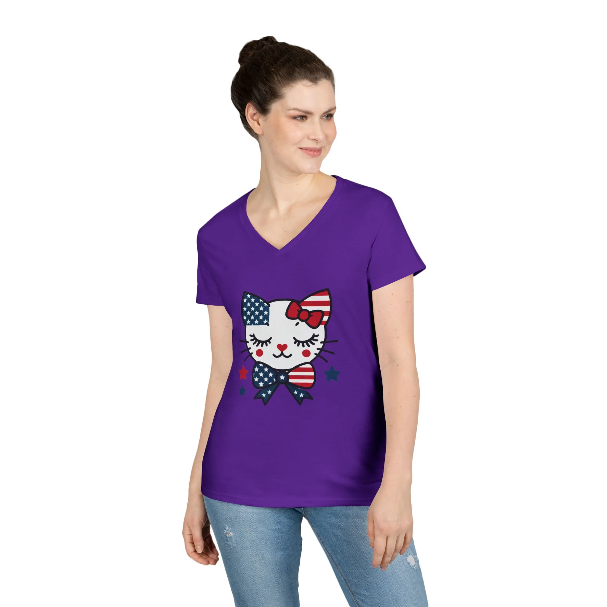 Patriotic Cat Ladies' V-Neck T-Shirt, Cute Tee, July 4th Top, Independence Day Shirt, Gift for Cat Lovers, Casual Summer Wear - Image 24