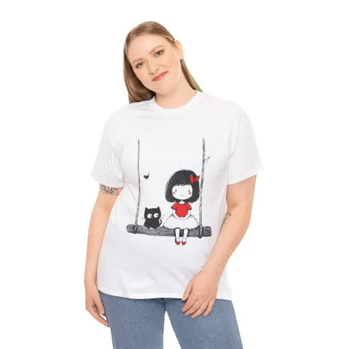 Cute Cat & Girl Graphic Tee, Playful Gift for Cat Lovers, Cat and Girl Design, Gift for Cat Owners, Women's Cotton T-Shirt - Image 2