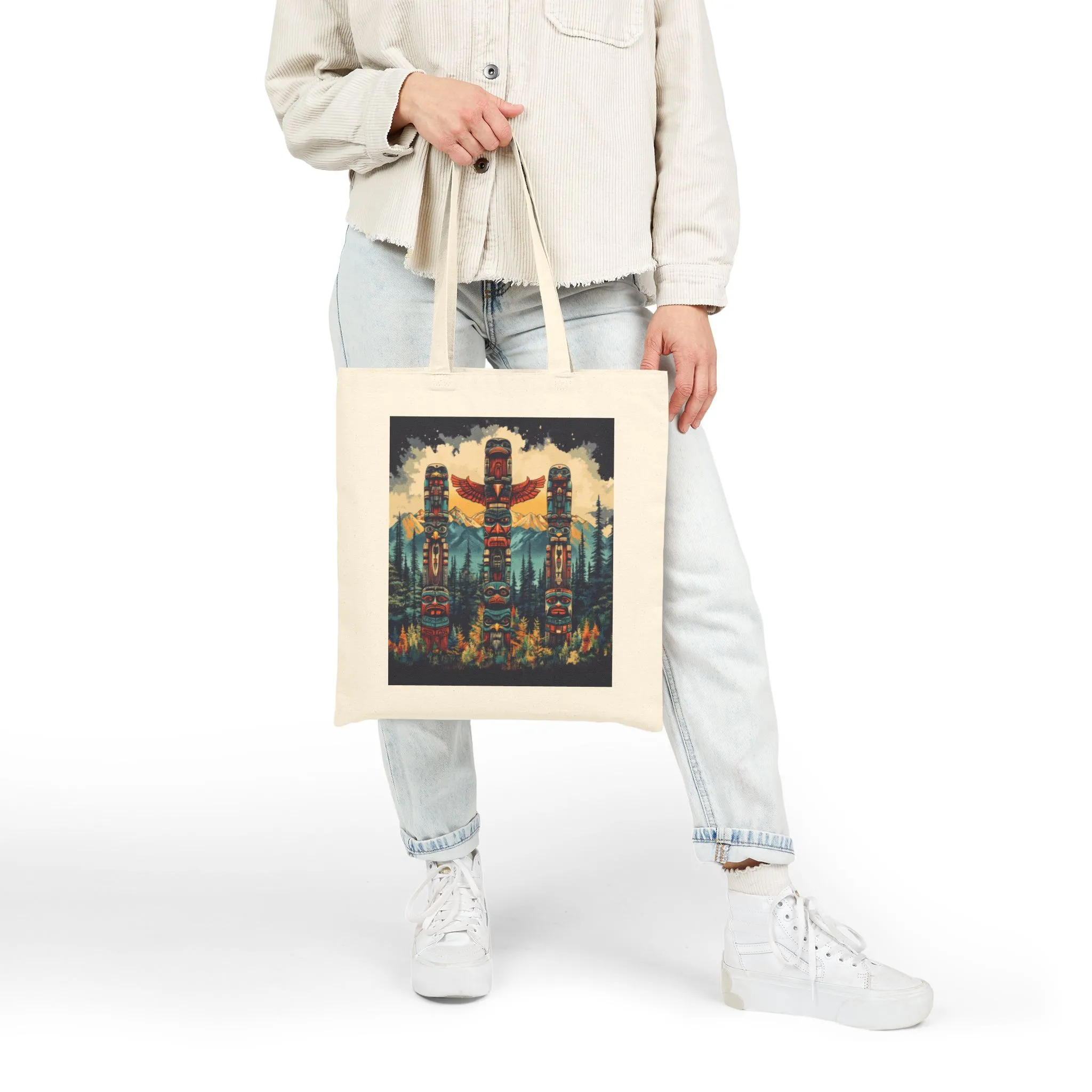 Totem Pole Canvas Tote Bag, Eco-Friendly Shopping Bag, Gift for Nature Lovers, Beach Tote, Reusable Grocery Bag, Boho Art - Image 4