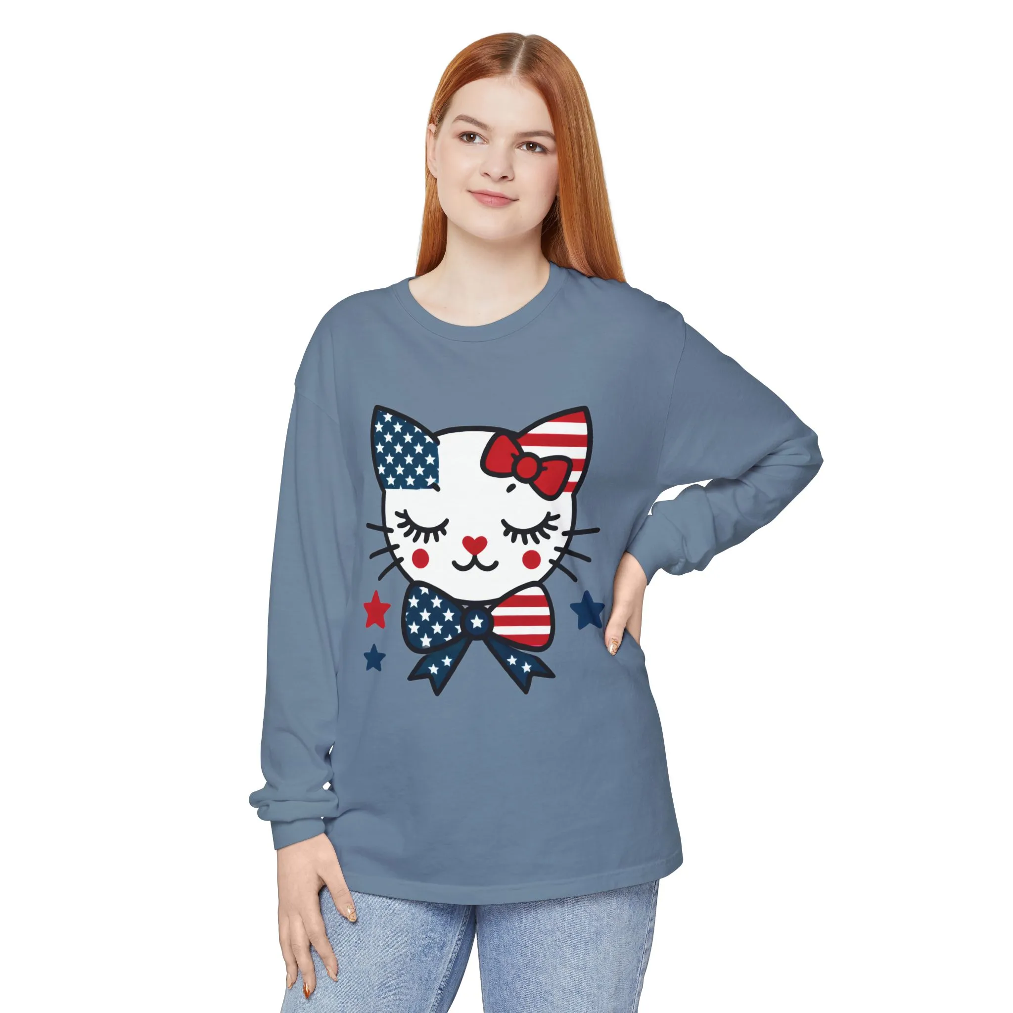 Patriotic Cat Long Sleeve T-Shirt, Womens Tee, Perfect for Fourth of July, Animal Lover Gift, Cozy Casual Wear, Holiday Apparel - Image 10