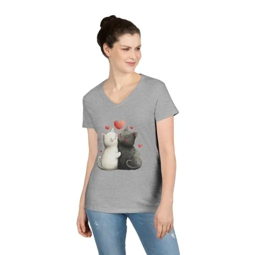 Cute Cat Love V-Neck T-Shirt, Animal Lover Gift, Valentine's Day Shirt, Cat Mom Gift, Cute Graphic Tee - Image 3